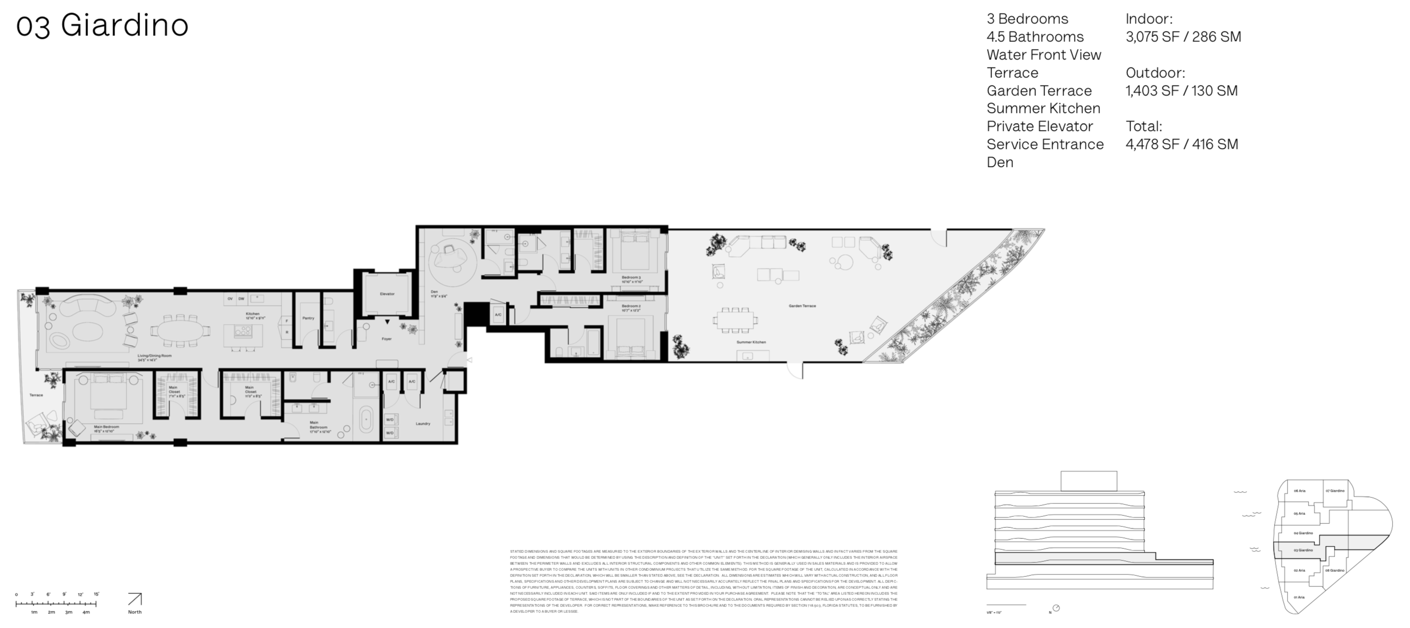 Onda Residences | Giardino 03 Line |  Floor 3 | 3 Be + Den | 4.5 Ba | Waterviews | 3,075 SF | Private elevator | Service Entrance  | Garden Terrace | Summer Kitchen