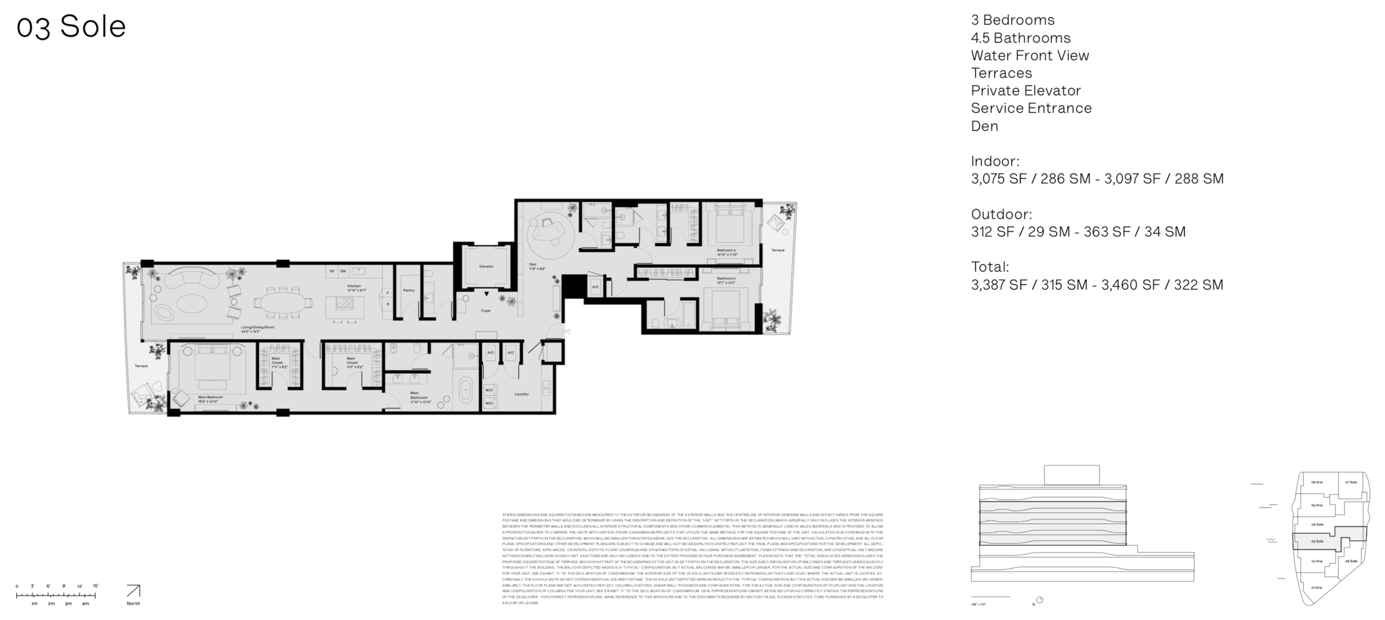 Onda Residences | Sole 03 Line |  Floor 4-7 | 3 Be + Den | 4.5 Ba | Waterviews | 3,075 SF | Private elevator | Service Entrance 