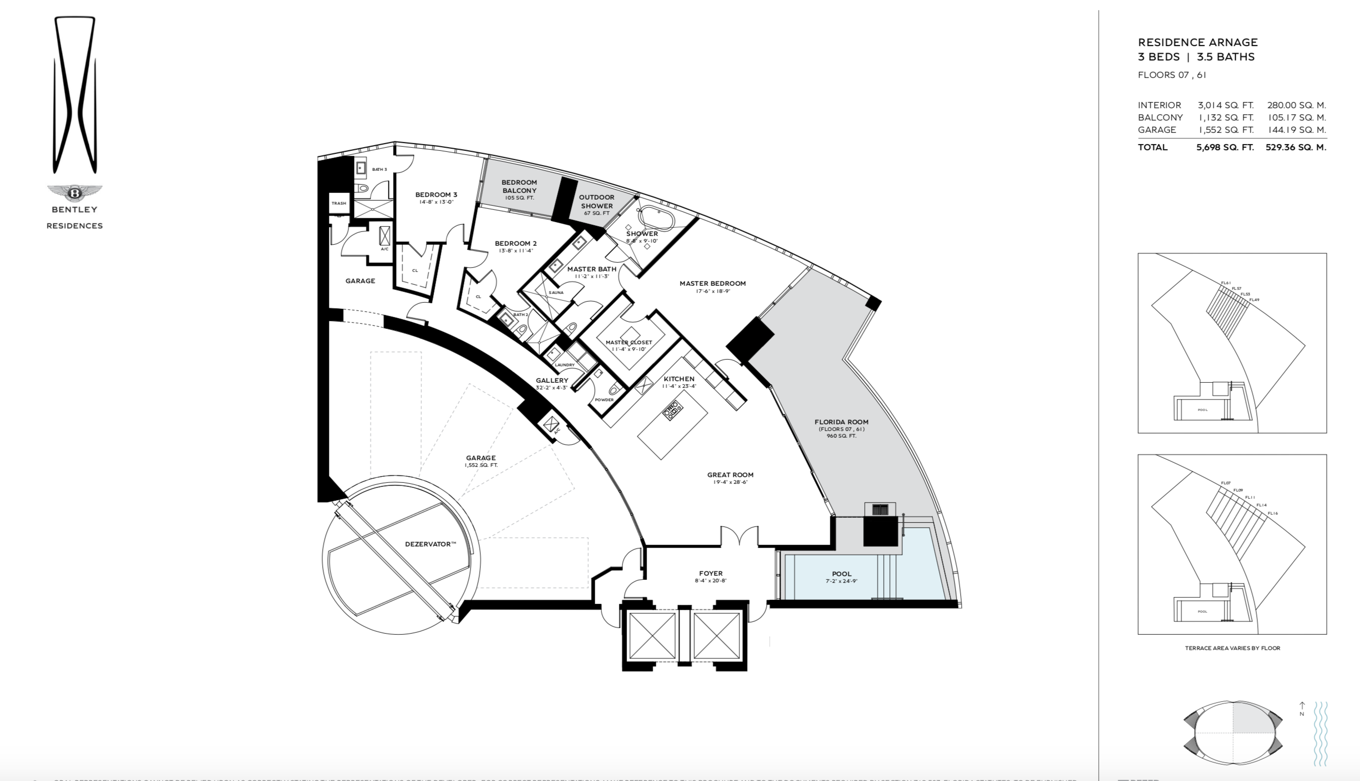 Bentley Residences Sunny Isles  | Residence Arnage | NE Exposure | 3 Be/3.5Ba | 3,014 SF | Floors 07 & 61