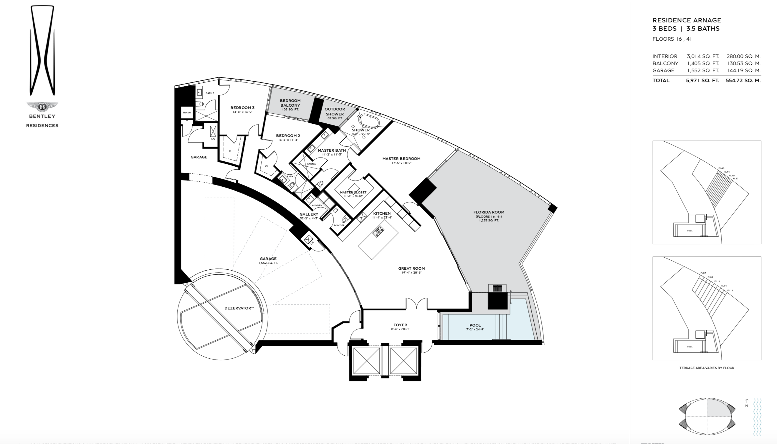 Bentley Residences Sunny Isles  | Residence Arnage | NE Exposure | 3 Be/3.5Ba | 3,014 SF | Floors 16,41