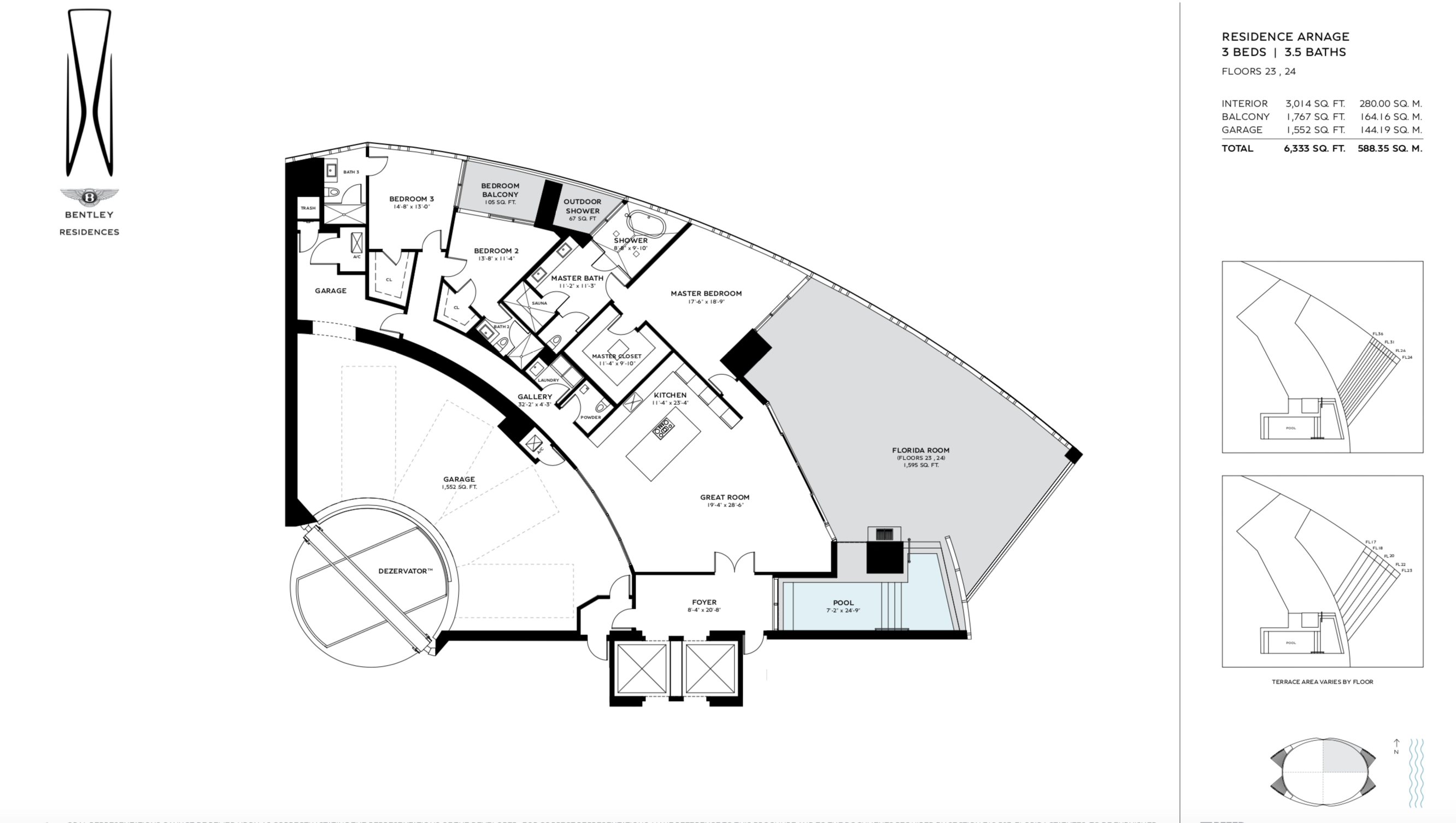 Bentley Residences Sunny Isles  | Residence Arnage | NE Exposure | 3 Be/3.5Ba | 3,014 SF | Floors 23 & 24