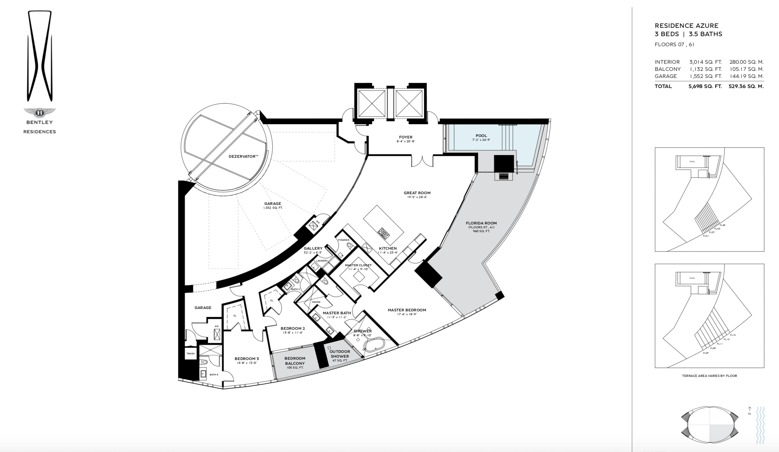 Bentley Residences Sunny Isles  | Residence Azure | SE Exposure | 3 Be/3.5Ba | 3,014 SF | Floors 07 & 61