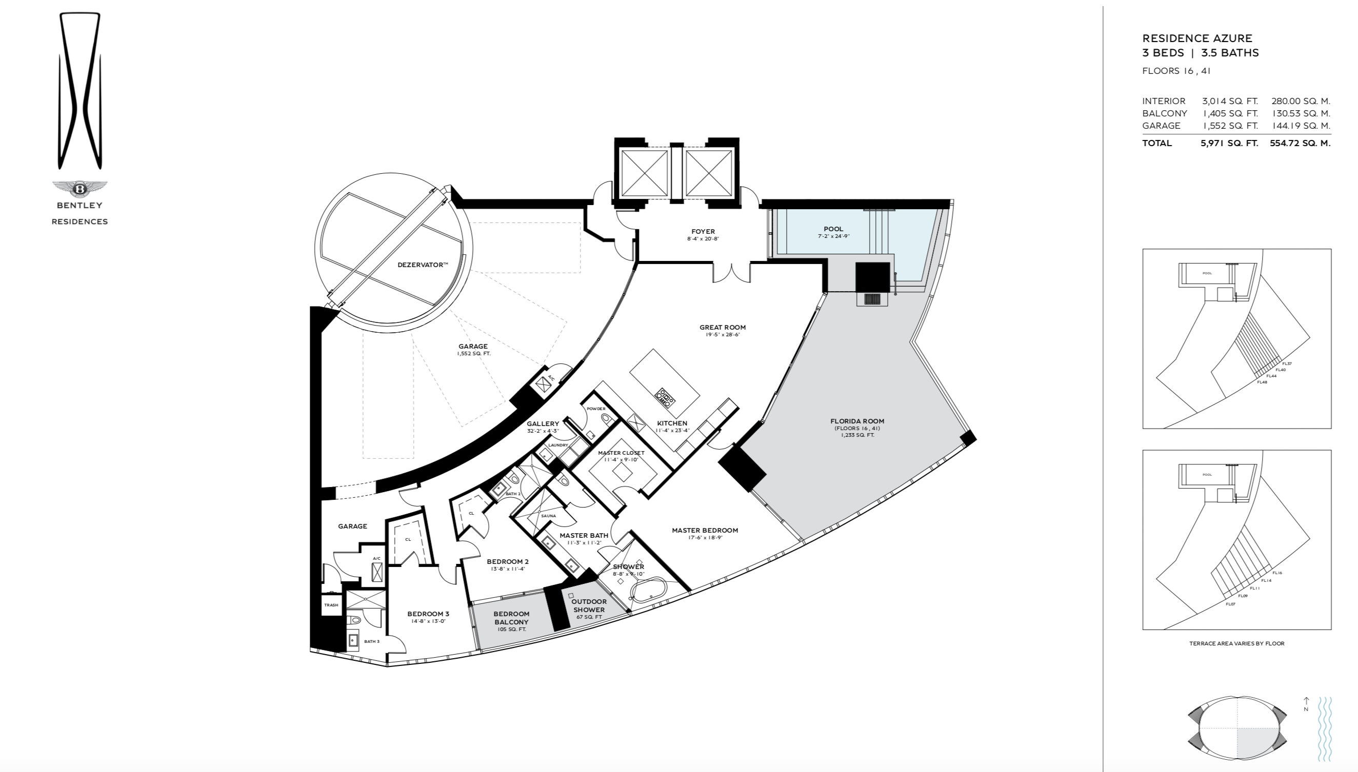 Bentley Residences Sunny Isles  | Residence Azure | SE Exposure | 3 Be/3.5Ba | 3,014 SF | Floors 16 & 41