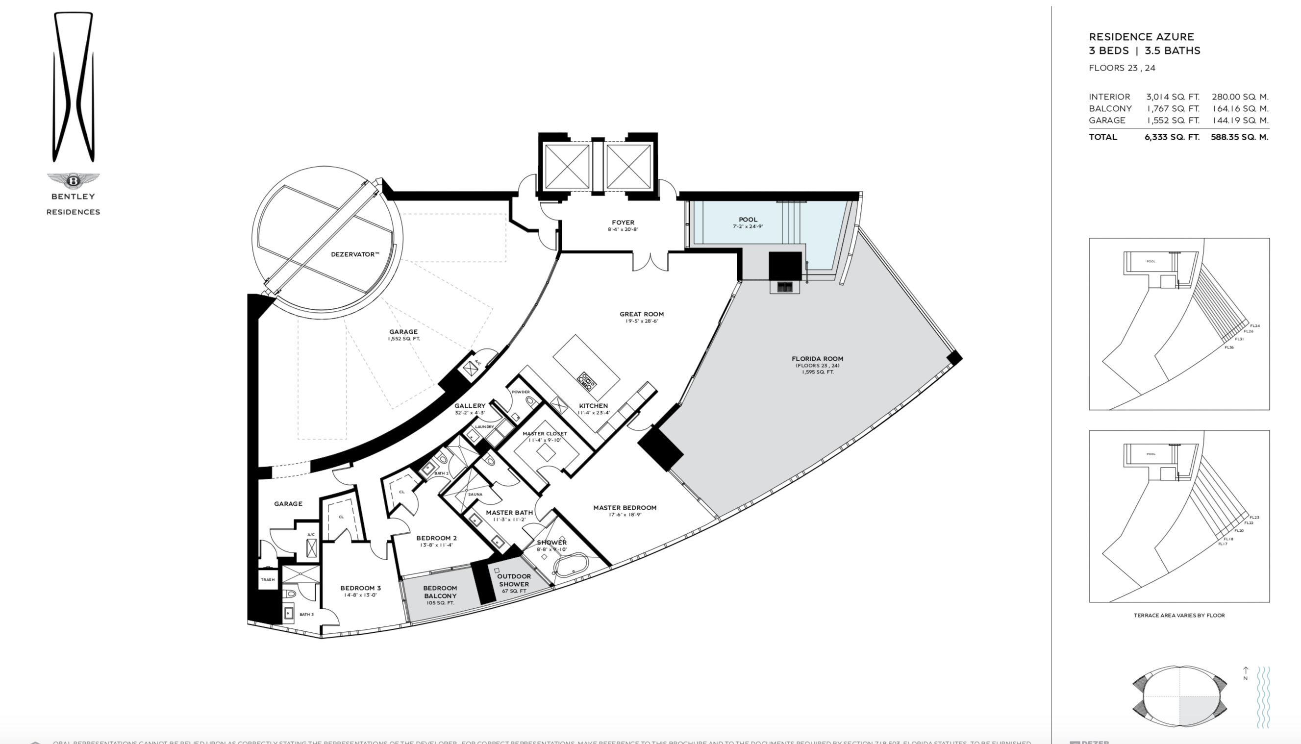Bentley Residences Sunny Isles  | Residence Azure | SE Exposure | 3 Be/3.5Ba | 3,014 SF | Floors 23 & 24