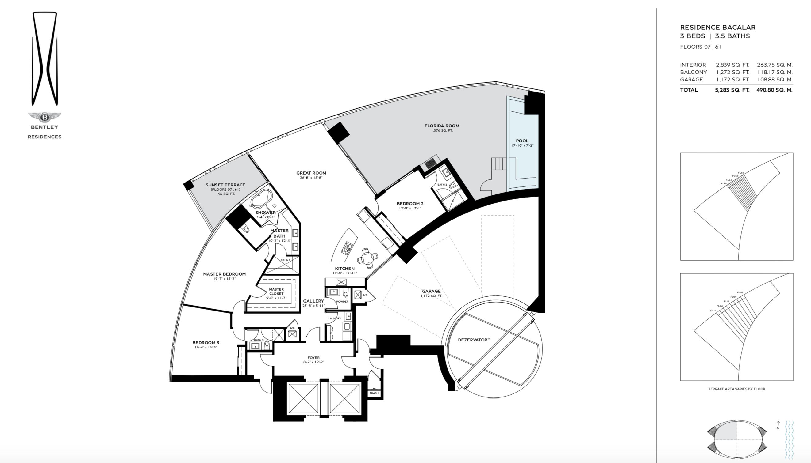 Bentley Residences Sunny Isles  | Residence Bacalar | NW Exposure | 3 Be/3.5Ba | 2,839 SF | Floors 7 & 61