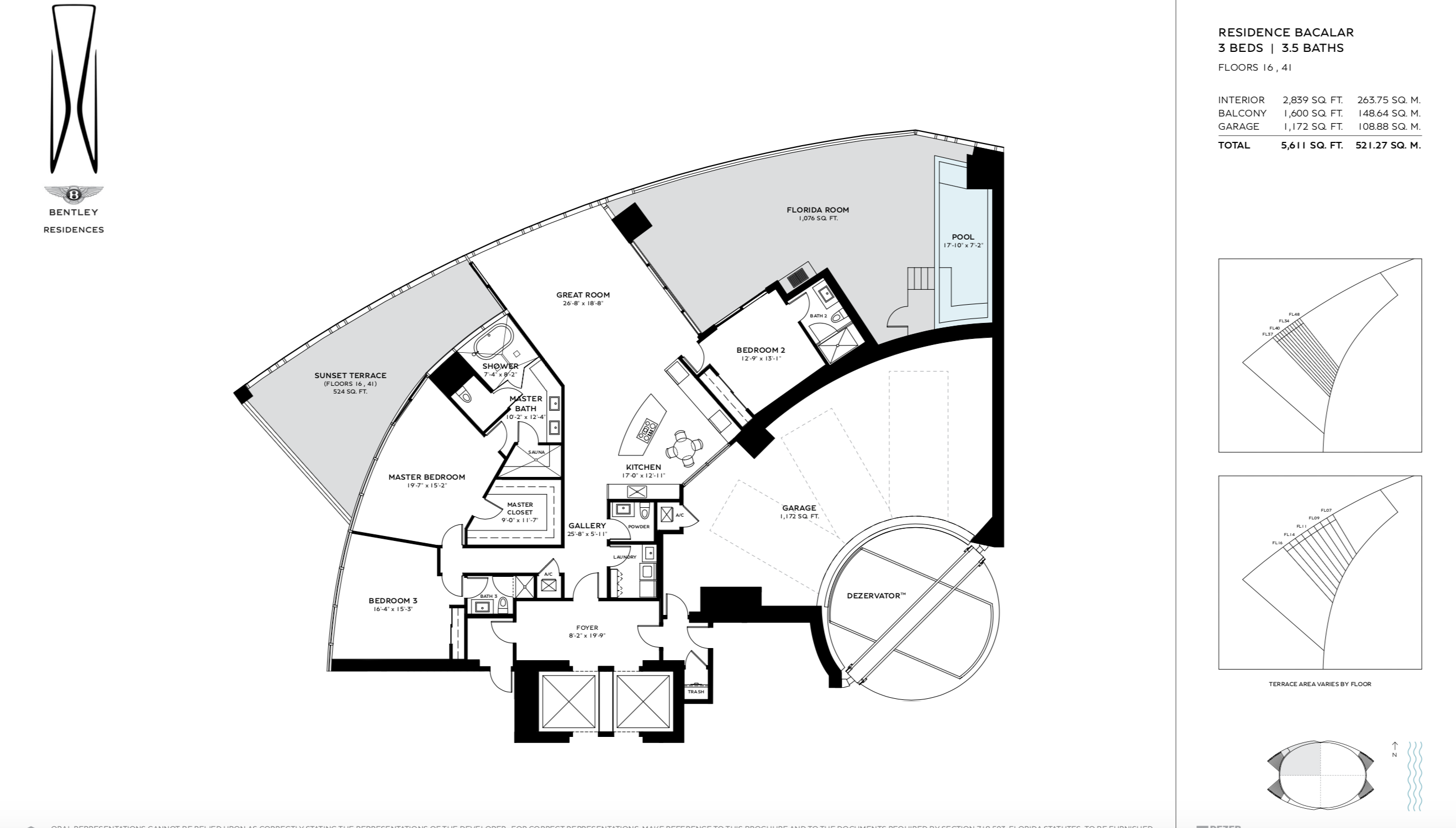 Bentley Residences Sunny Isles  | Residence Bacalar | NW Exposure | 3 Be/3.5Ba | 2,839 SF | Floors 16 & 41