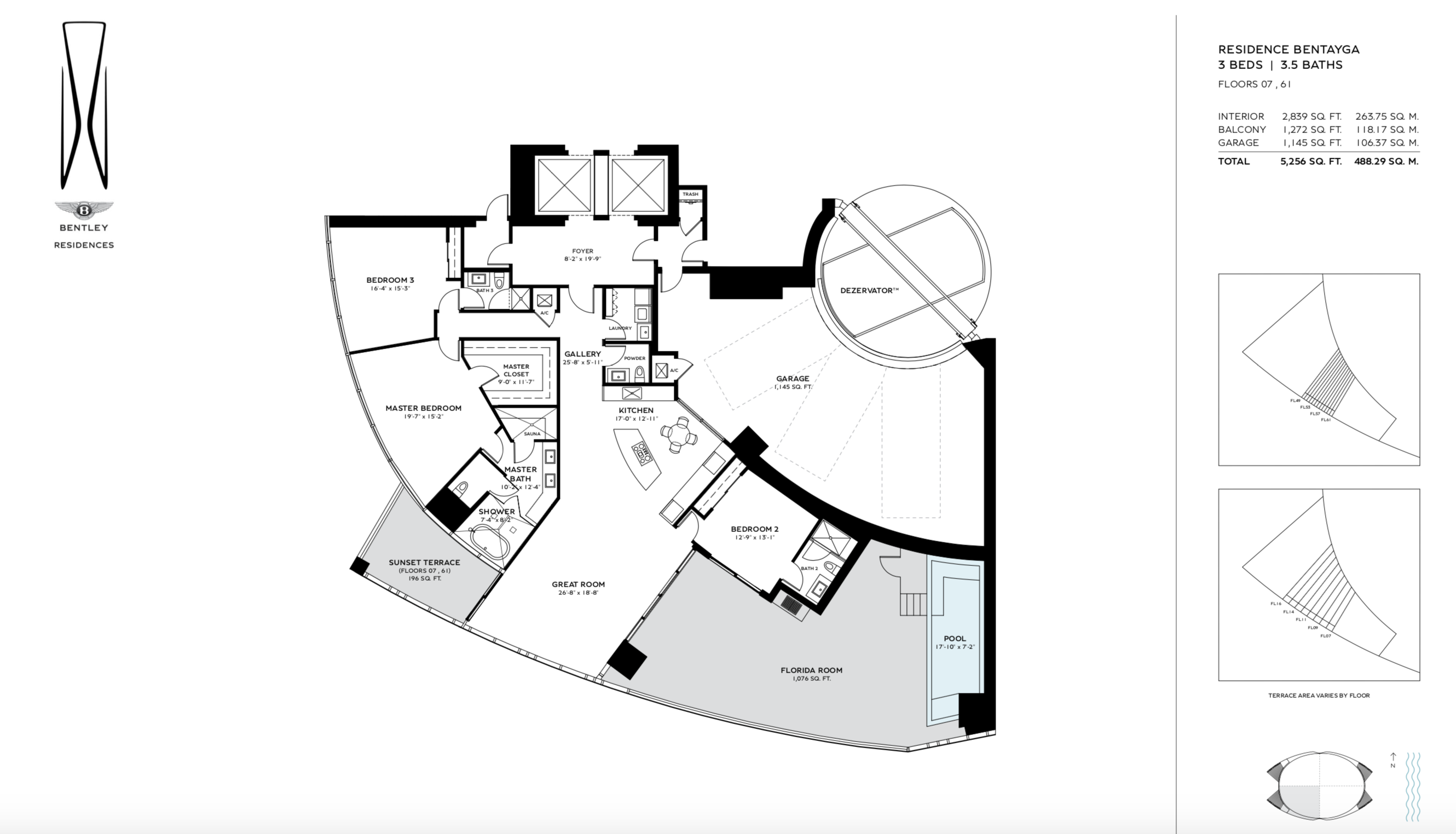 Bentley Residences Sunny Isles  | Residence Bentayga | SW Exposure | 3 Be/3.5Ba | 2,839 SF | Floors 07 & 61