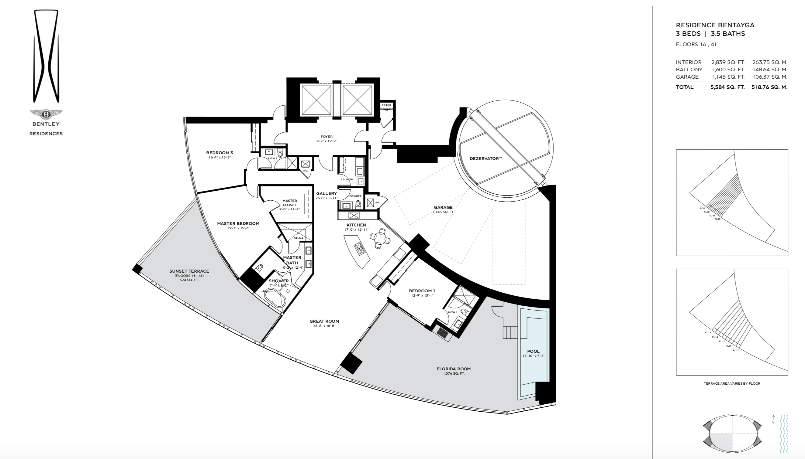 Bentley Residences Sunny Isles  | Residence Bentayga | SW Exposure | 3 Be/3.5Ba | 2,839 SF | Floors 16 & 41