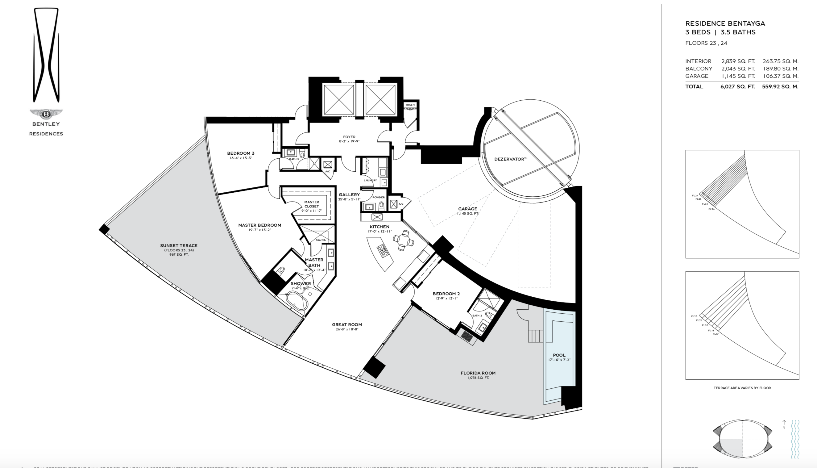 Bentley Residences Sunny Isles  | Residence Bentayga | SW Exposure | 3 Be/3.5Ba | 2,839 SF | Floors 23 & 24