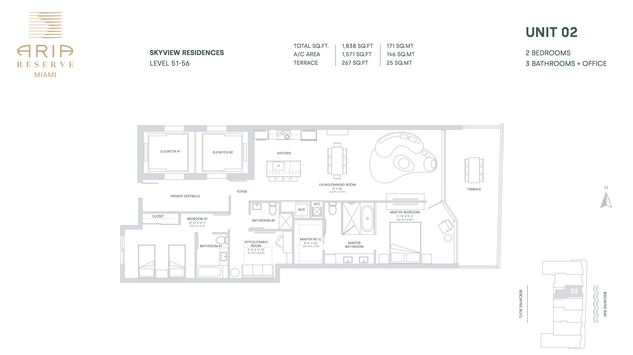 Aria Reserve Line 02 (Floors 51-56)  | 2 Bedrooms + Office | 3 Bathrooms 