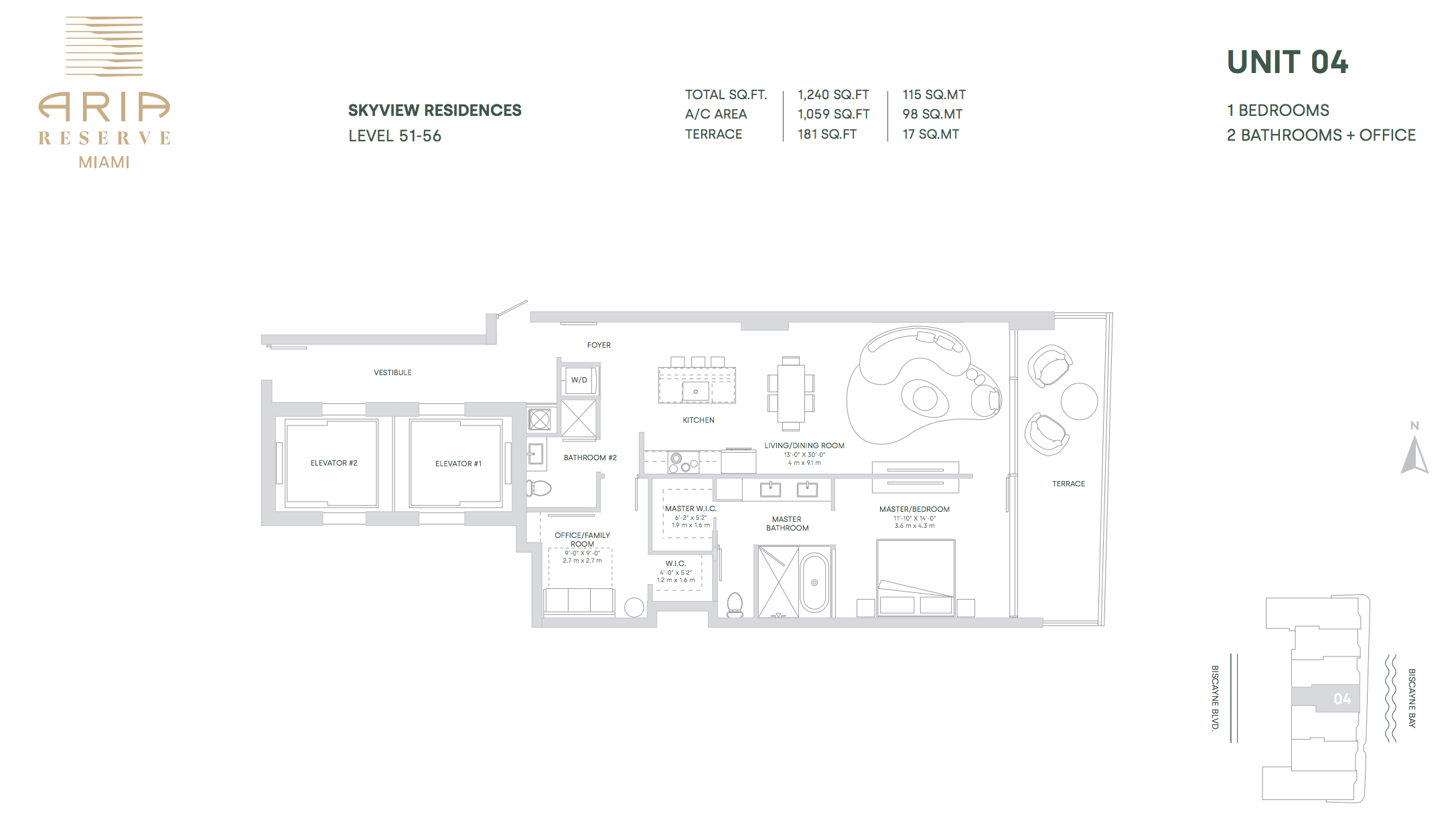 Aria Reserve Line 04 (Floors 51-56) | 1 Bedroom + Office | 2 Bathrooms 