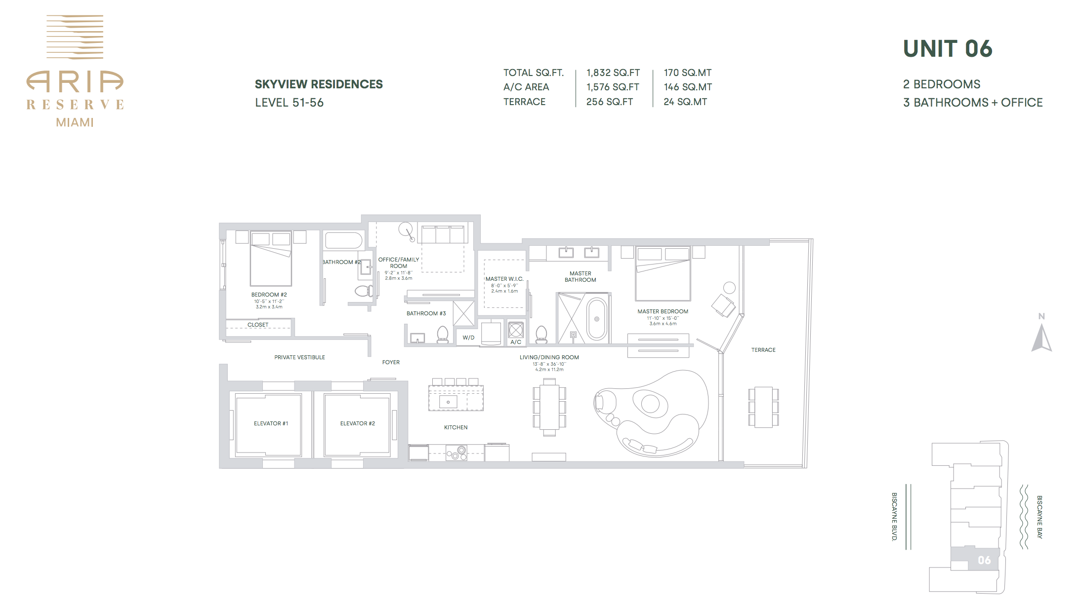 Aria Reserve Line 06 (Floors 51-56)  | 2 Bedrooms + office | 3 Bathrooms 