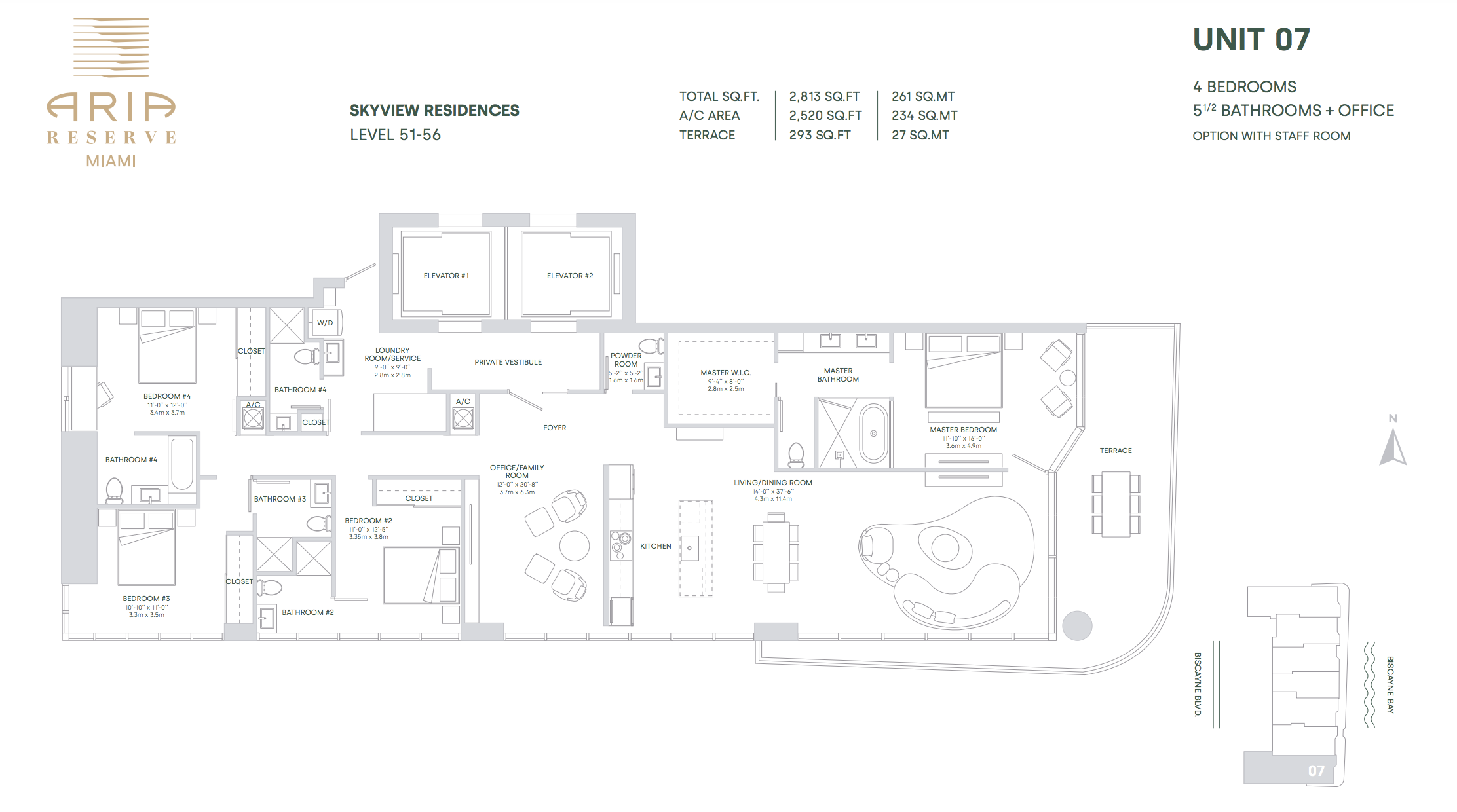 Aria Reserve Line 07 (Floors 51-56) | 4 Bedrooms + Office | 5.5 Bathrooms  (Option with Staff Room)
