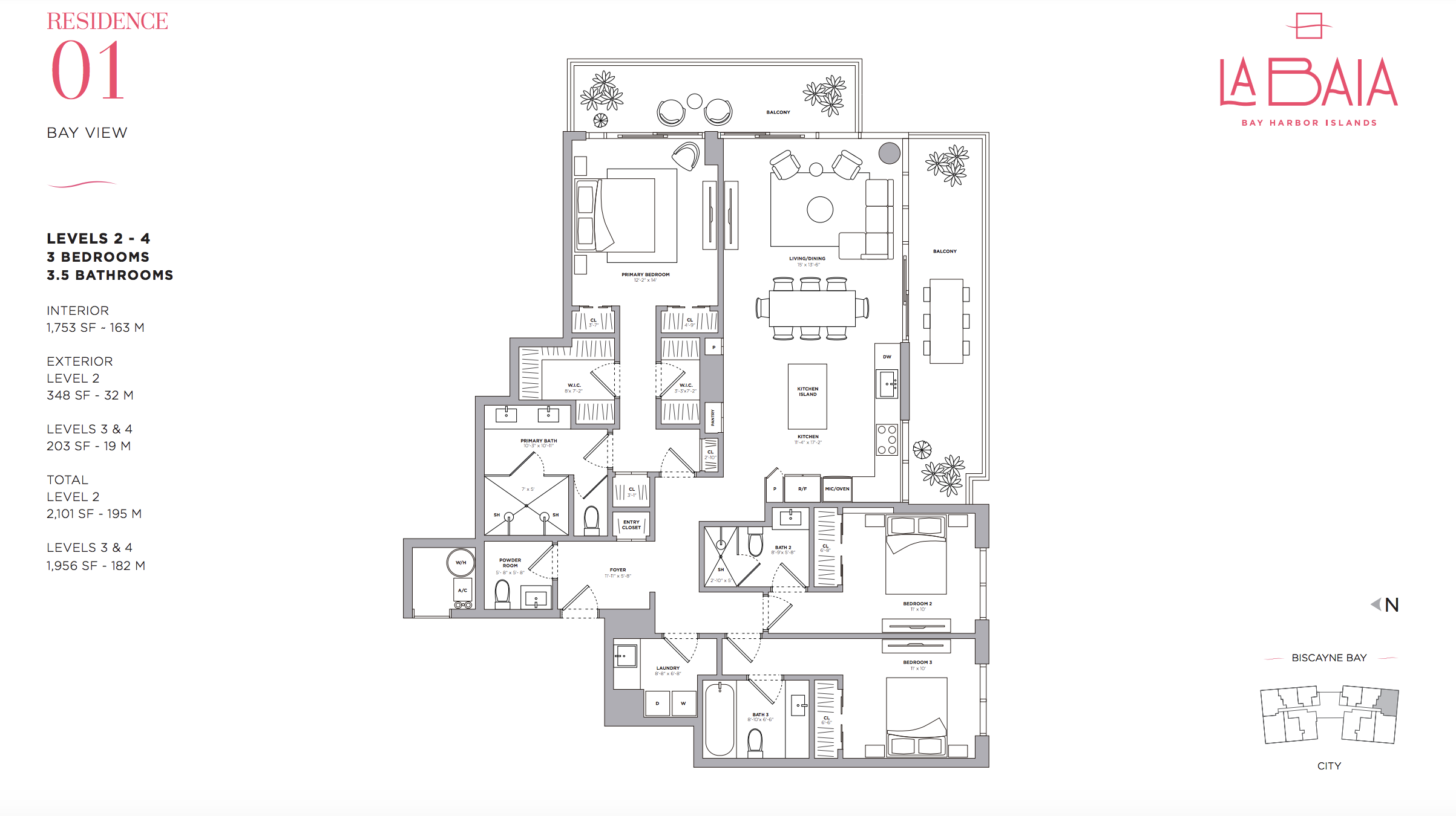 Floor Plan 01 | Levels 2-4 | 3 Be / 3.5 Ba | 1,753 SF | Bay View