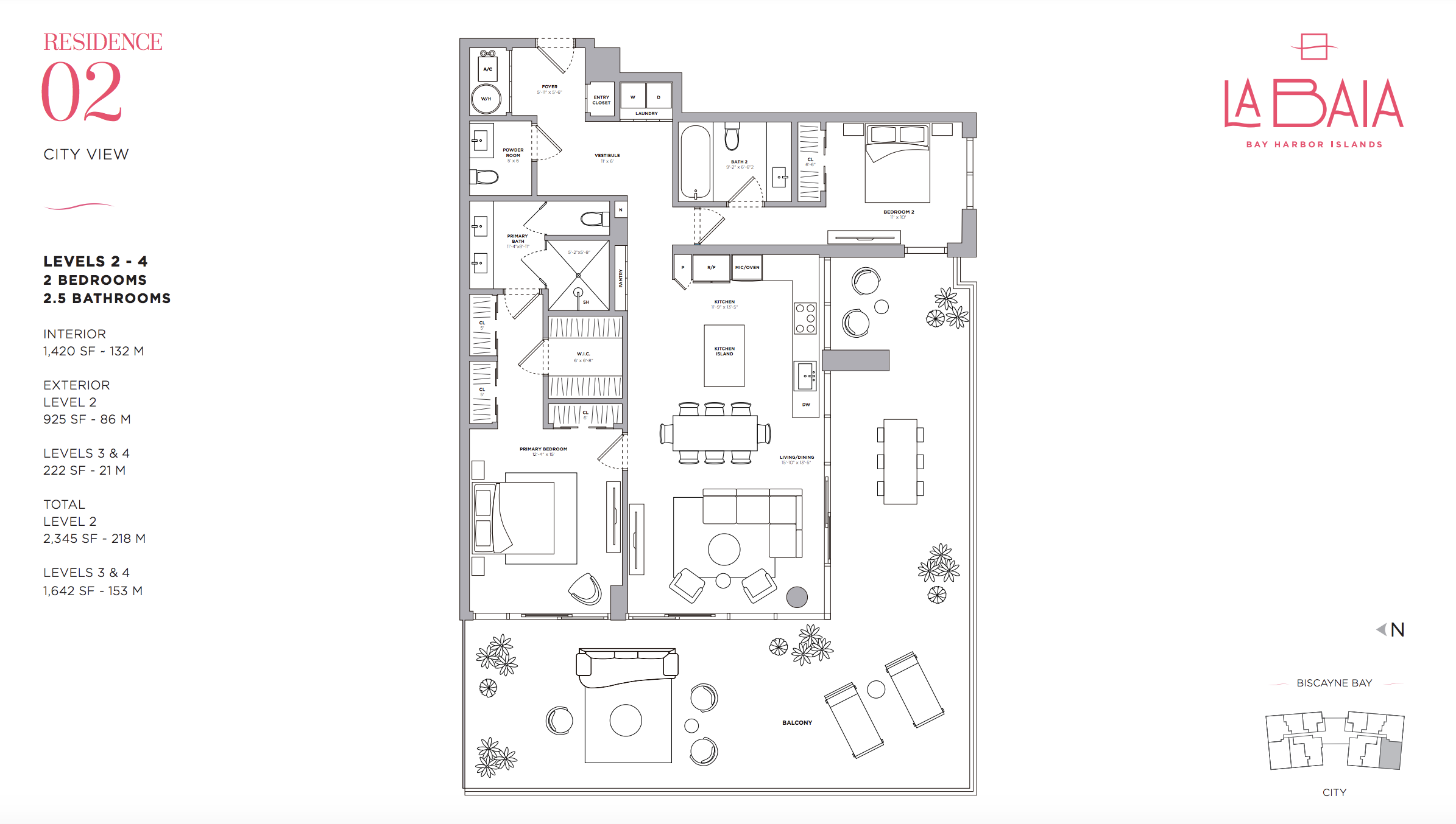Floor Plan 02 | Levels 2-4 | 2 Be / 2.5 Ba | 1,420 SF | City View