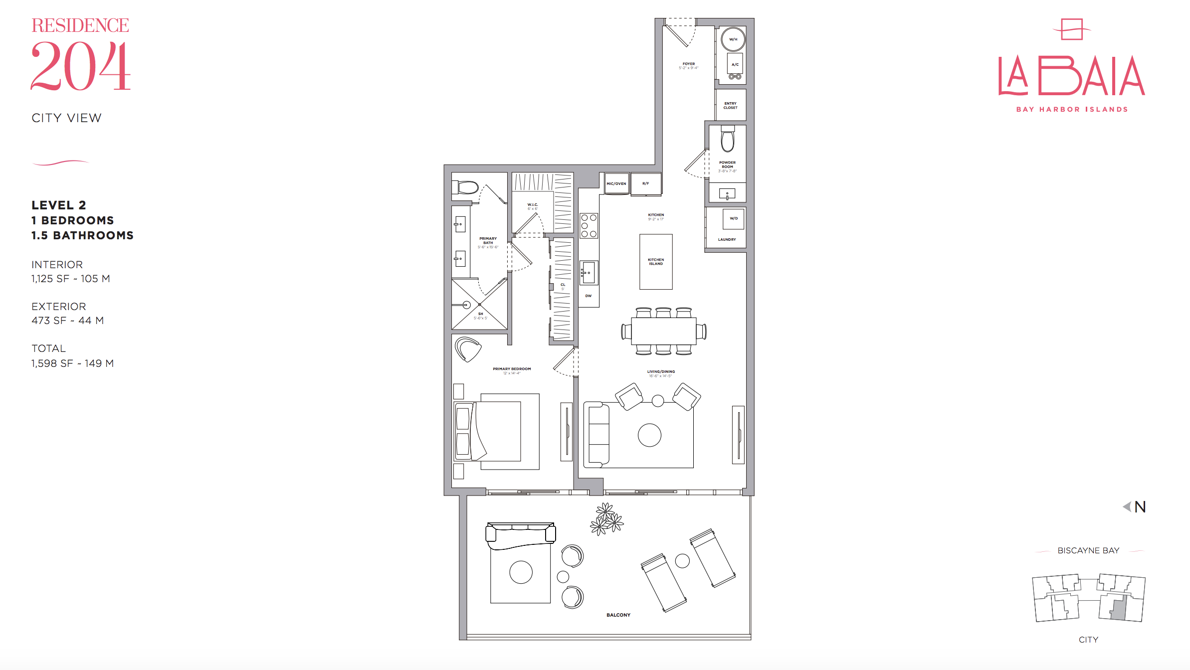 Floor Plan 204 | Level 2| 1 Be / 1.5 Ba | 1,125 SF | City View
