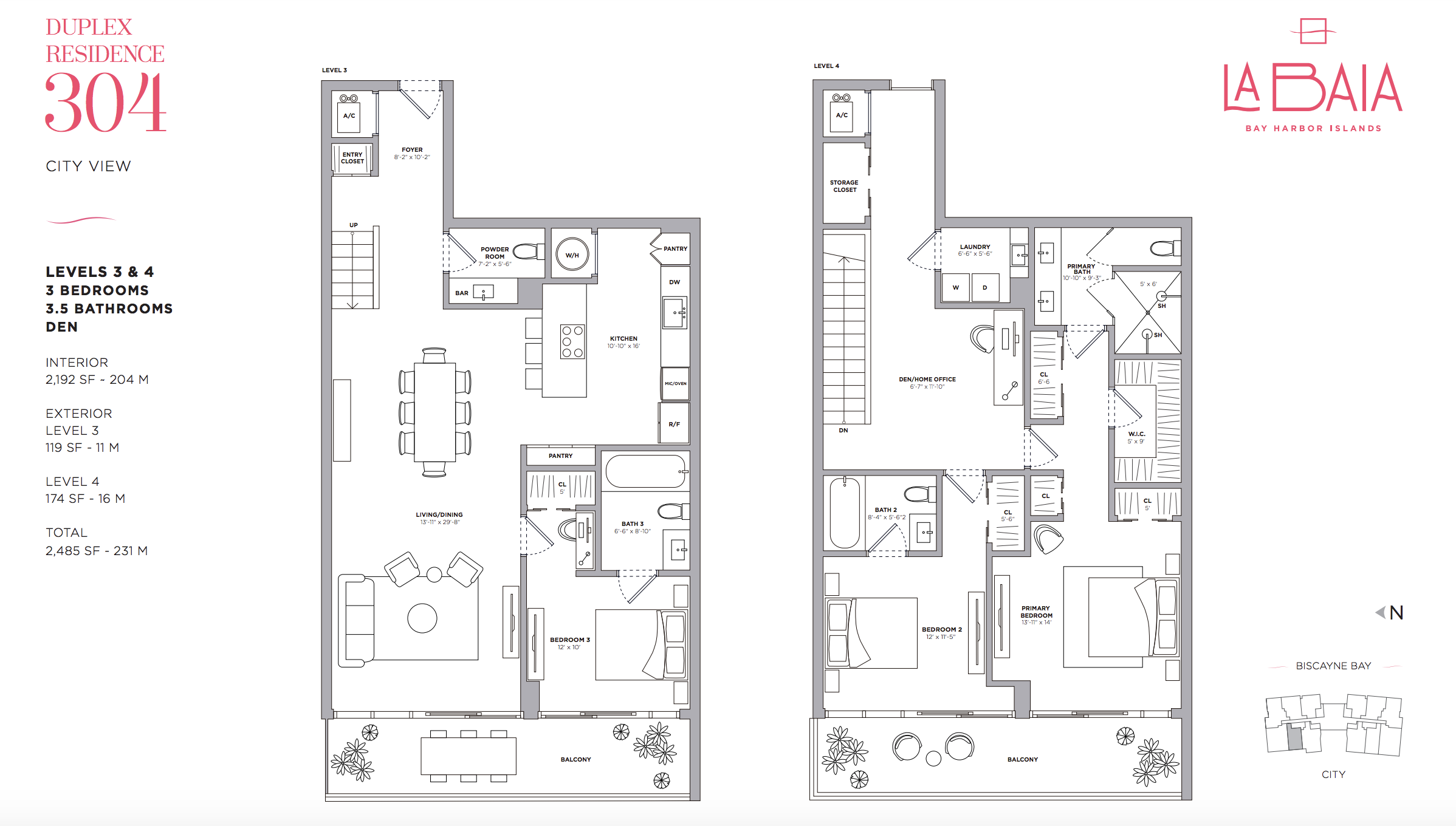 Floor Plan 304 | Duplex at Levels 3-4 | 3 Be + Den / 3.5Ba |2,192 SF | City View