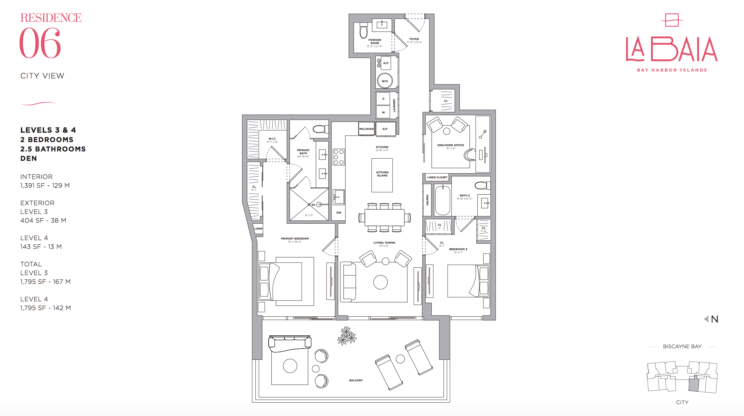 Floor Plan 06 | Levels 3-4 | 2 Be + Den/2.5Ba |1,391 SF | City View