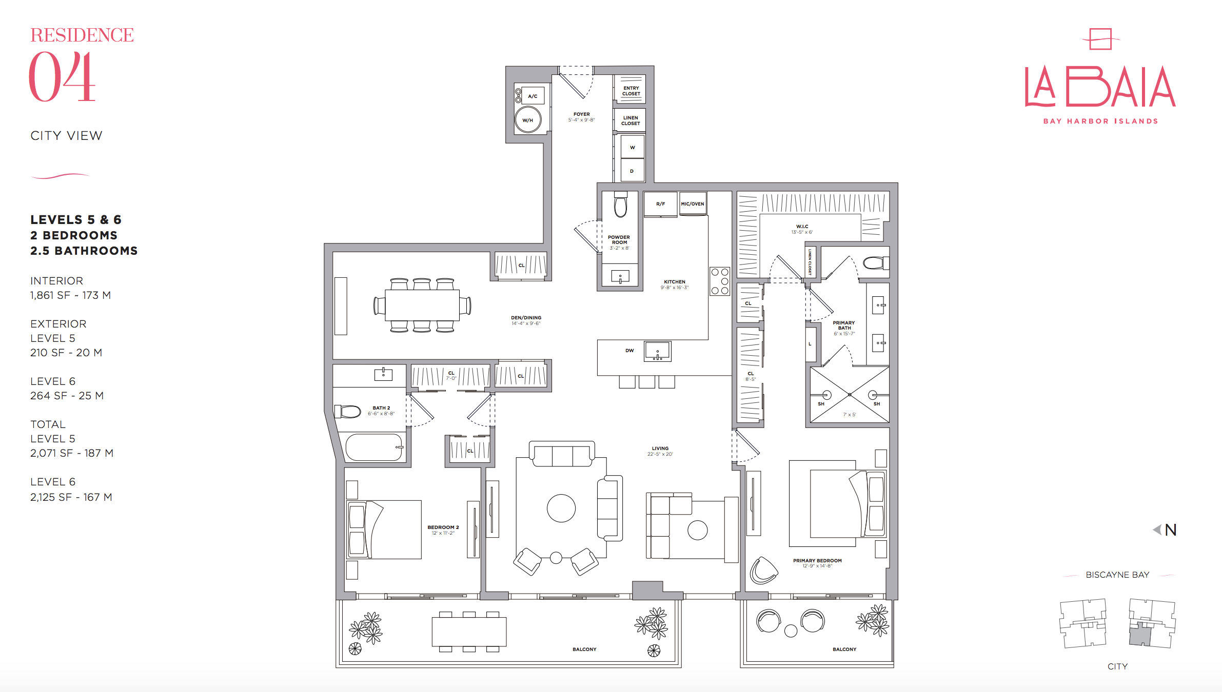 Floor Plan 04 | Levels 5 & 6| 2 Be/2.5Ba | 1,861 SF | City View