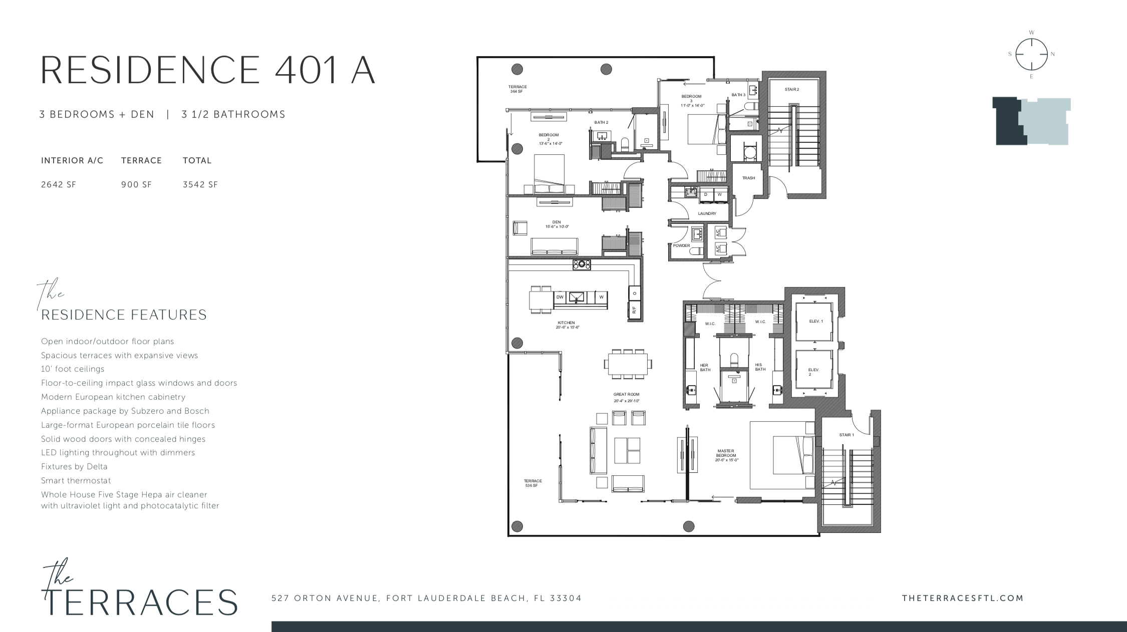 The Terraces 401A | 3 Be + Den / 3.5 Ba | 2,642 SF | 900 SF Terrace