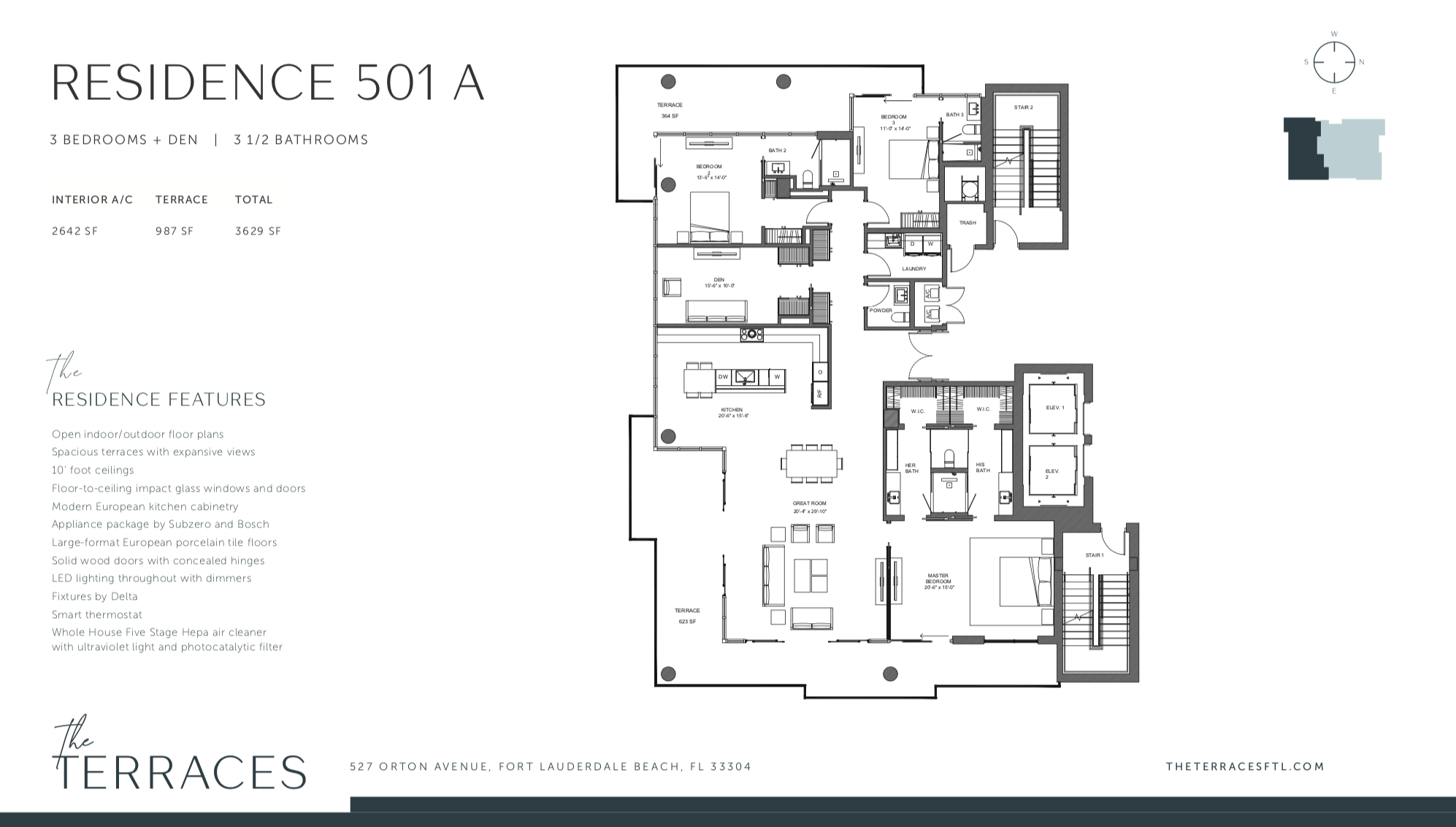 The Terraces 501A | 3 Be + Den / 3.5 Ba | 2,642 SF | 987 SF Terrace
