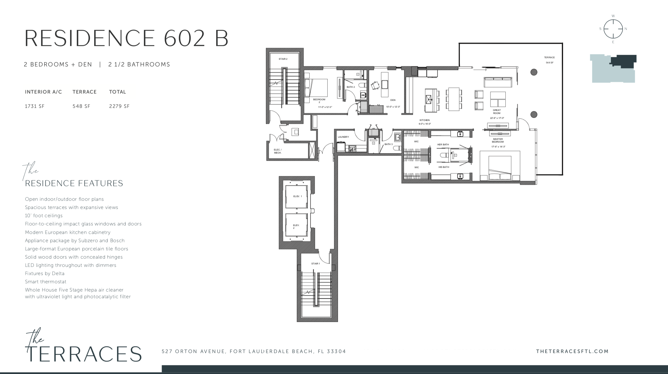 The Terraces 602B | 2 Be + Den / 2.5 Ba | 1,731 SF | 548 SF Terrace