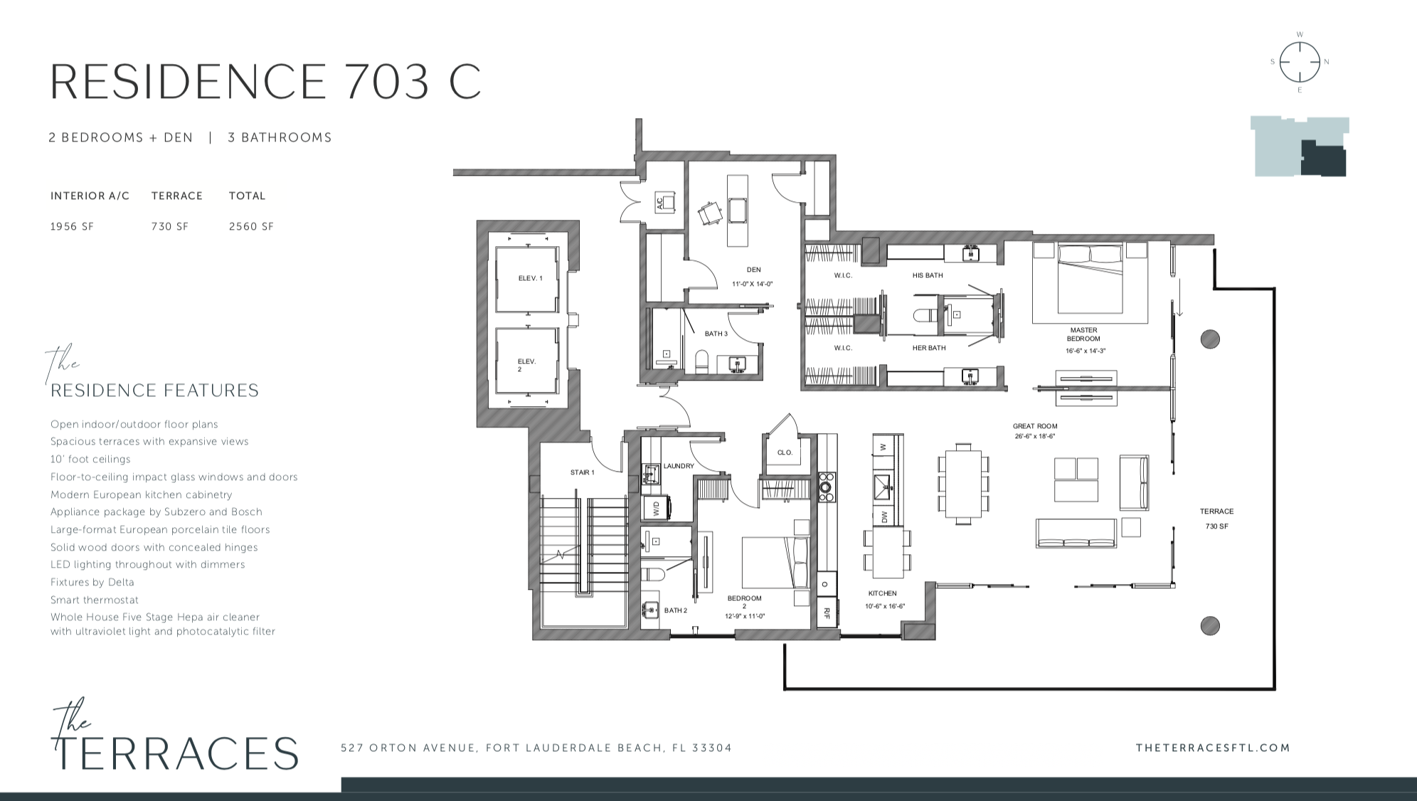 The Terraces 703C | 2 Be + Den / 3 Ba | 1,956 SF | 730 SF Terrace