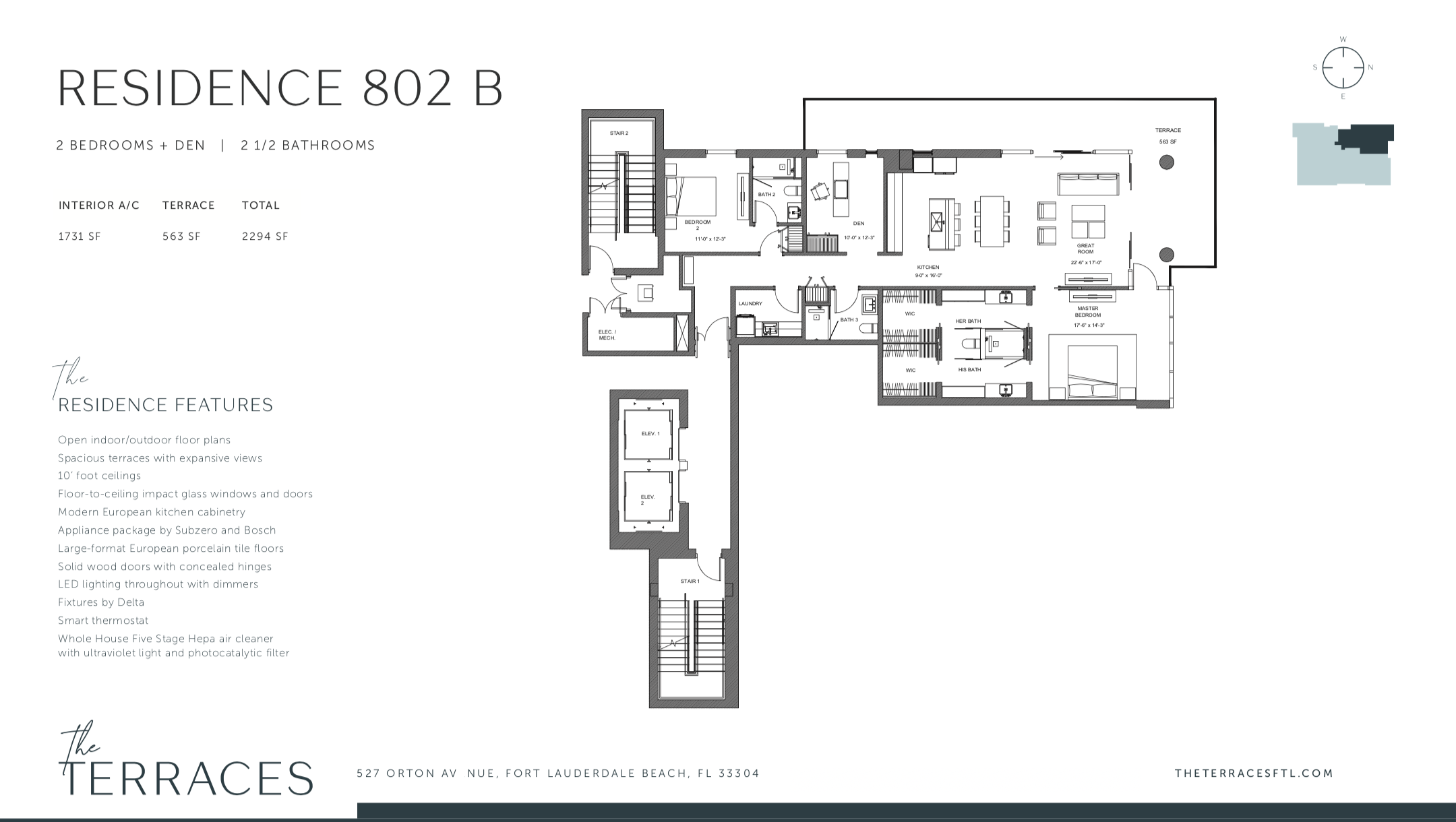 The Terraces 802B | 2 Be + Den / 2.5 Ba | 1,731 SF | 563 SF Terrace
