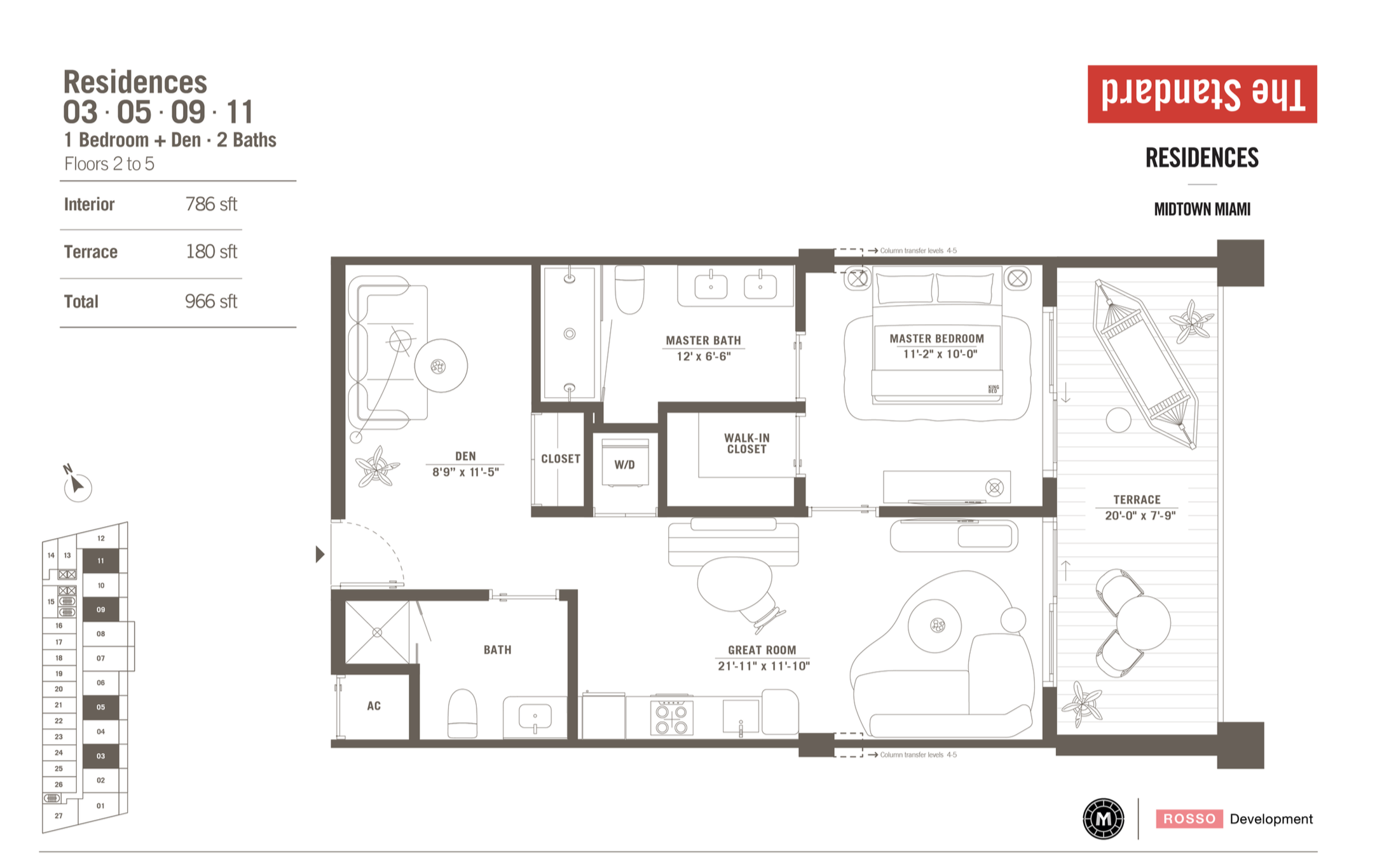 The Standard Residences | Residences 03,05,09,11 |  1 Be & den /2 Ba | 786 SF | Floor 2-5