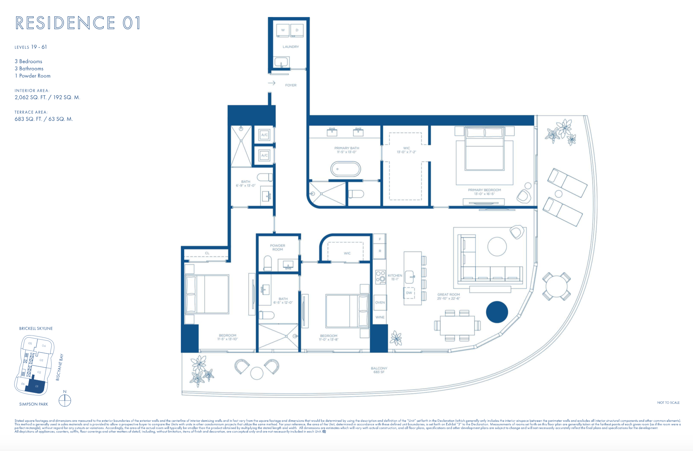 Cipriani Residences Brickell | Residence 01B | Floors 19-61 | 3 Be/3.5 Ba | 2,062 SF