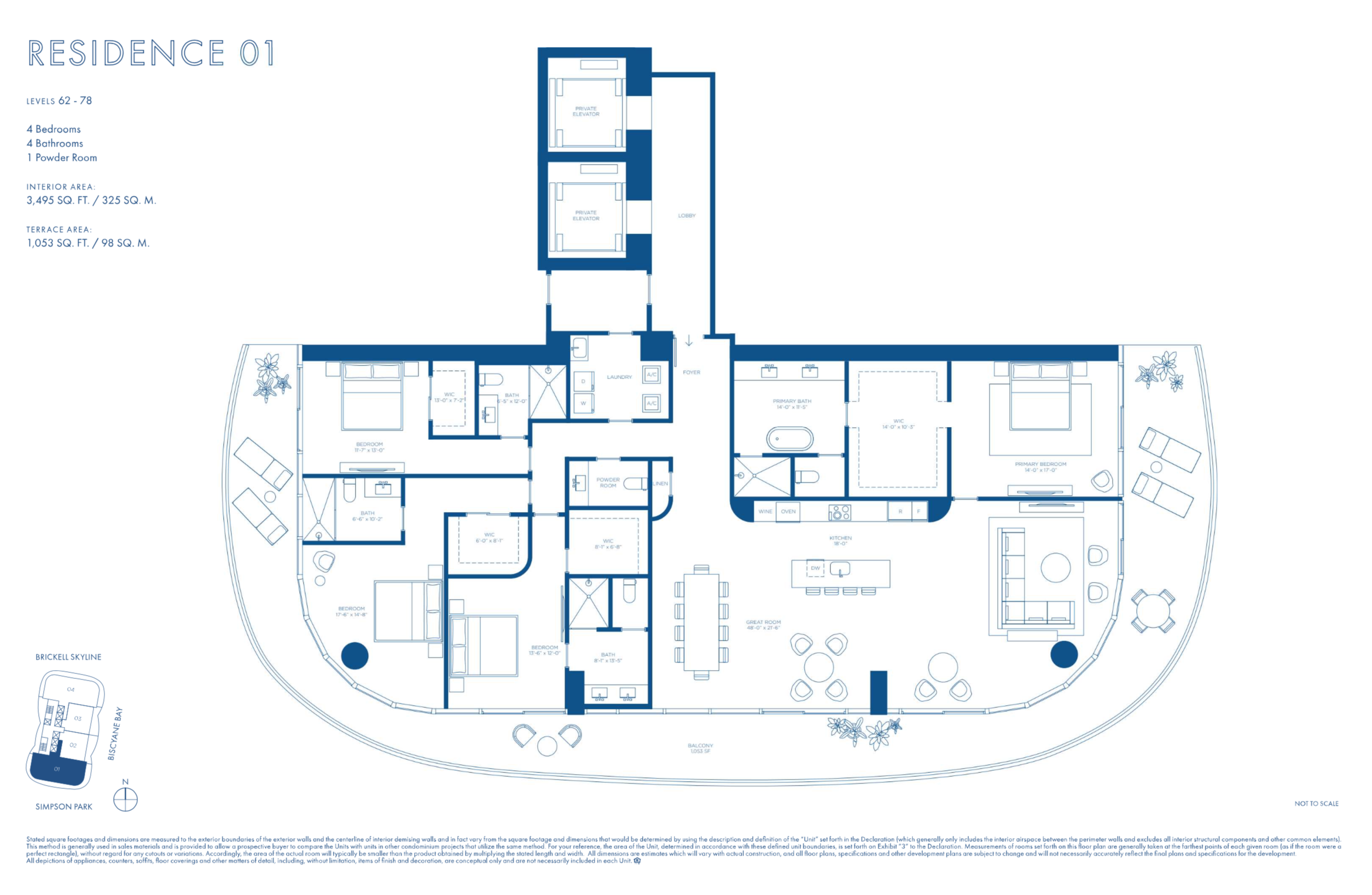 Cipriani Residences Brickell | Residence 01C | Floors 62-78  | 4 Be/4.5 Ba | 3,495 SF