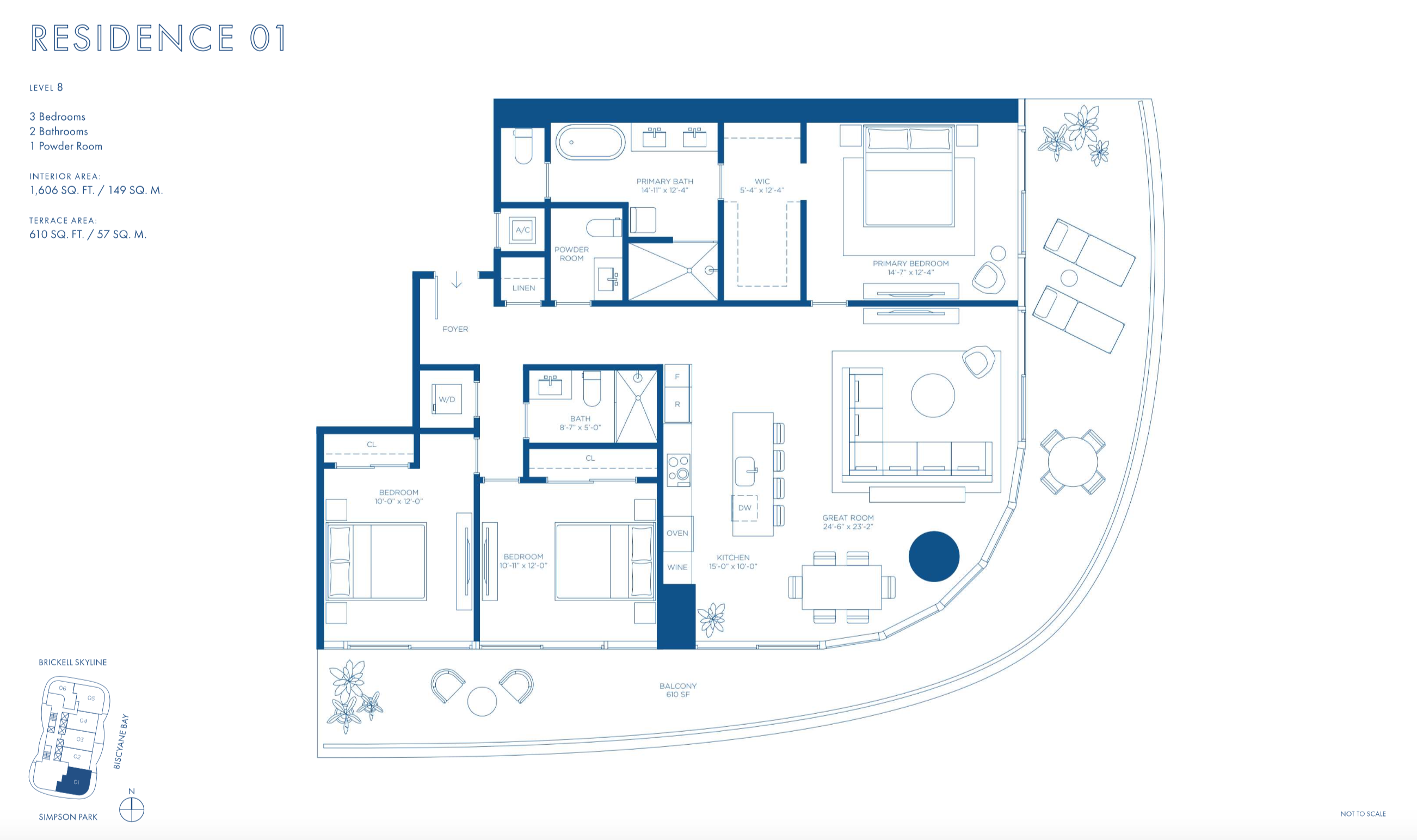 Cipriani Residences Brickell | Residence 01 | Floor 8 | 3 Be/2.5 Ba | 1,606 SF
