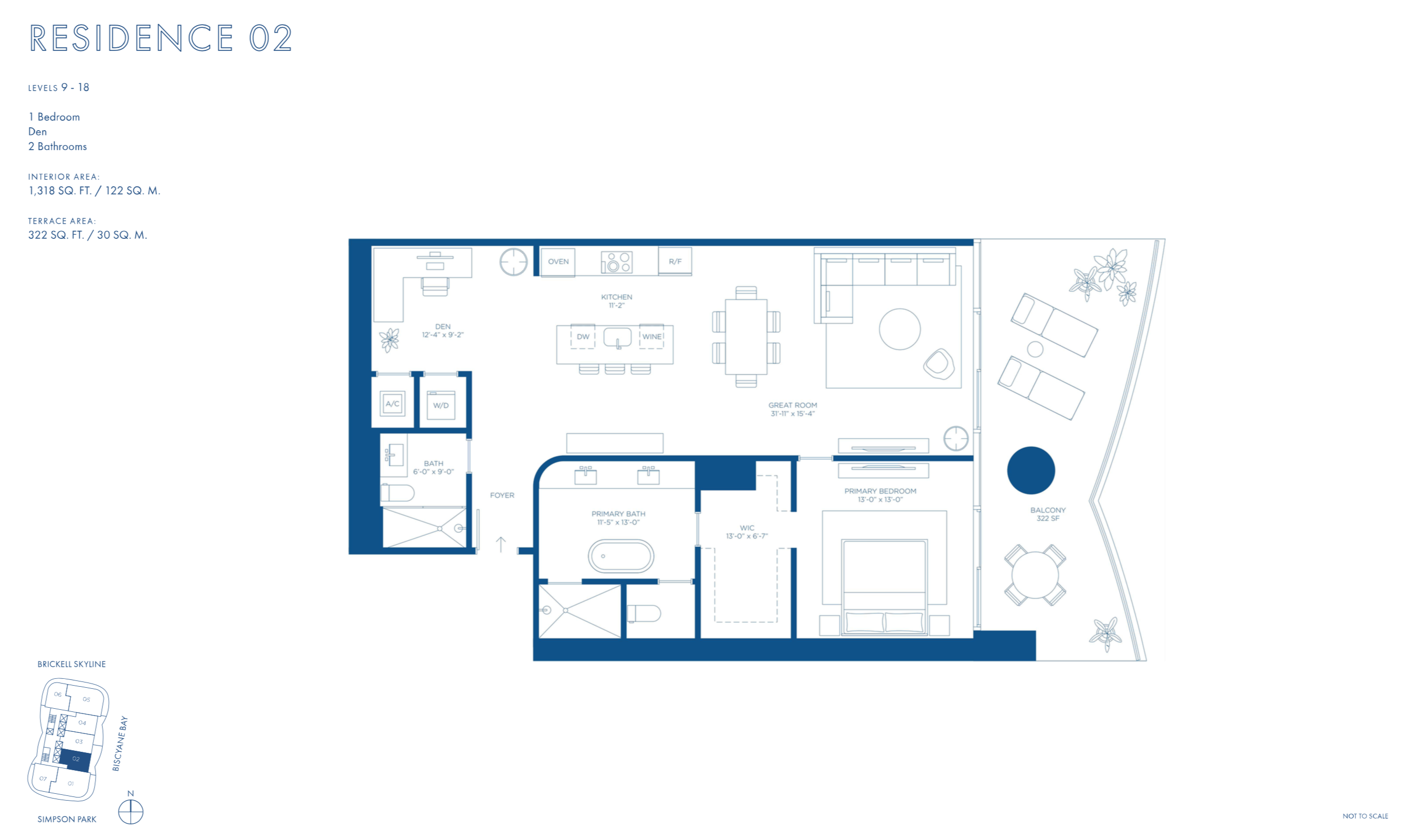 Cipriani Residences Brickell | Residence 02A | Floor 9-18  | 1 Be & Den / 2 Ba |  1,318 SF