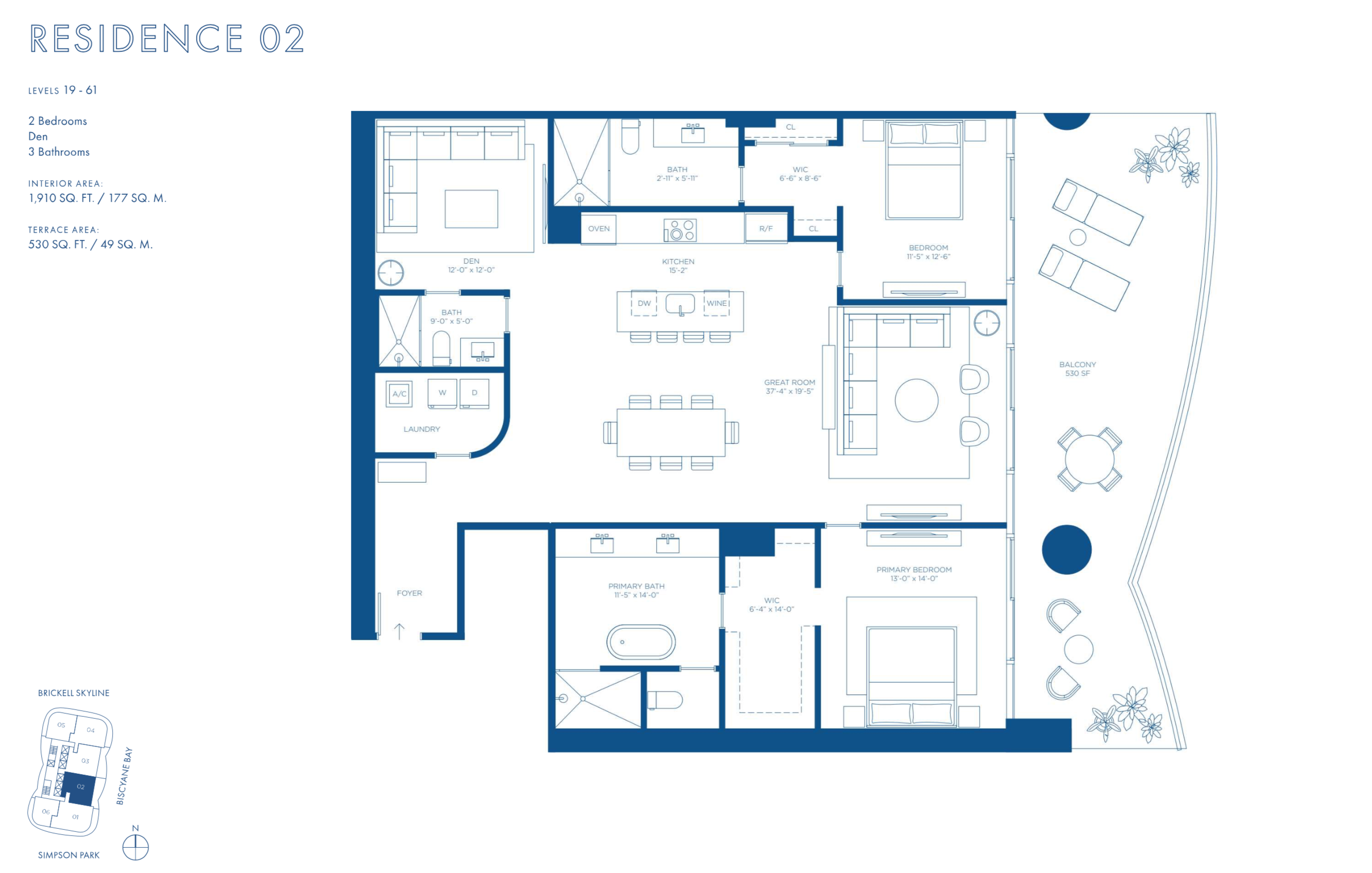 Cipriani Residences Brickell | Residence 02B | Floor 19-61  | 2 Be &Den /3 Ba |  1,910 SF