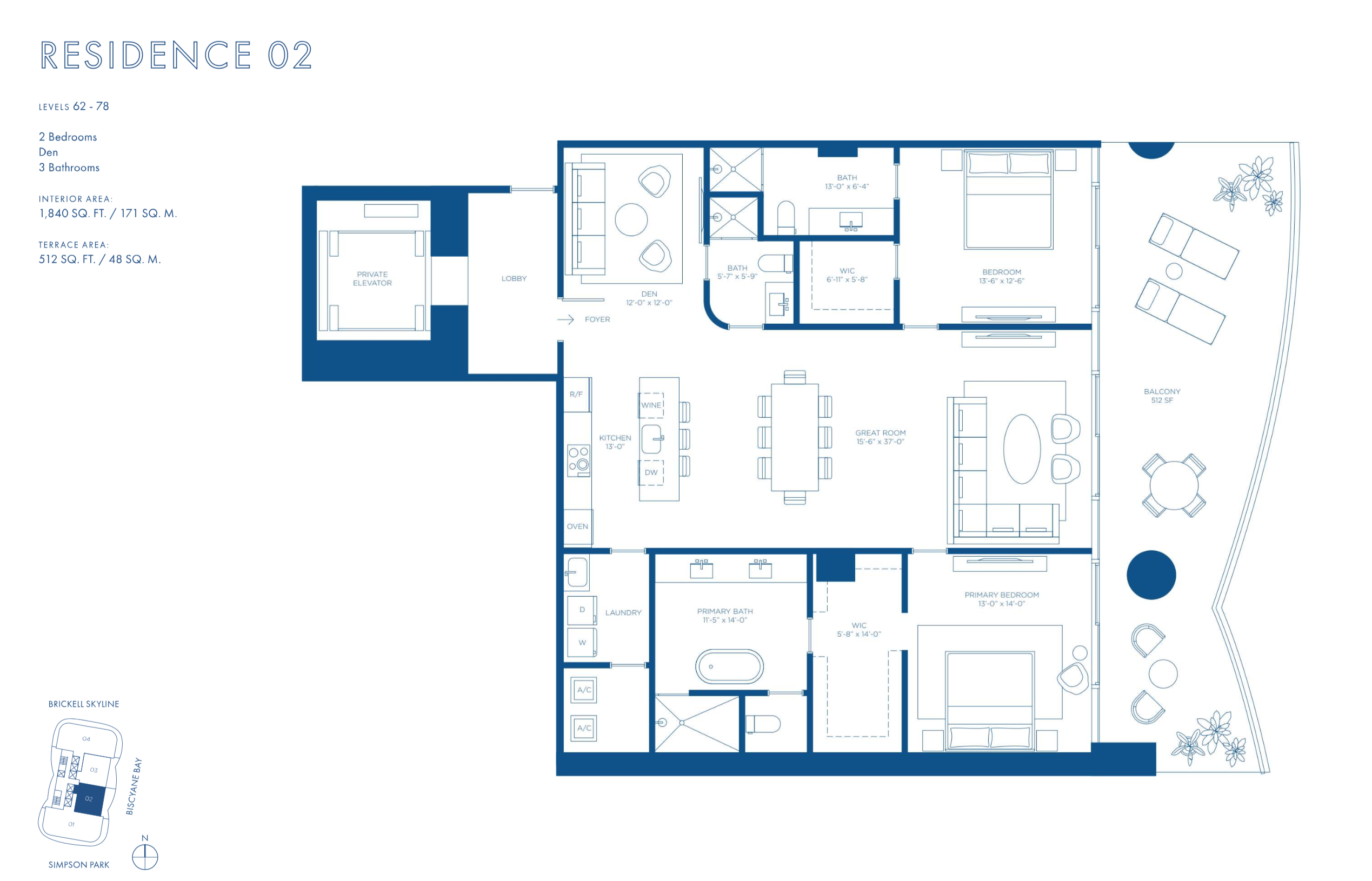 Cipriani Residences Brickell | Residence 02C | Floor 62-78 | 2 Be &Den /23Ba |  1,840 SF