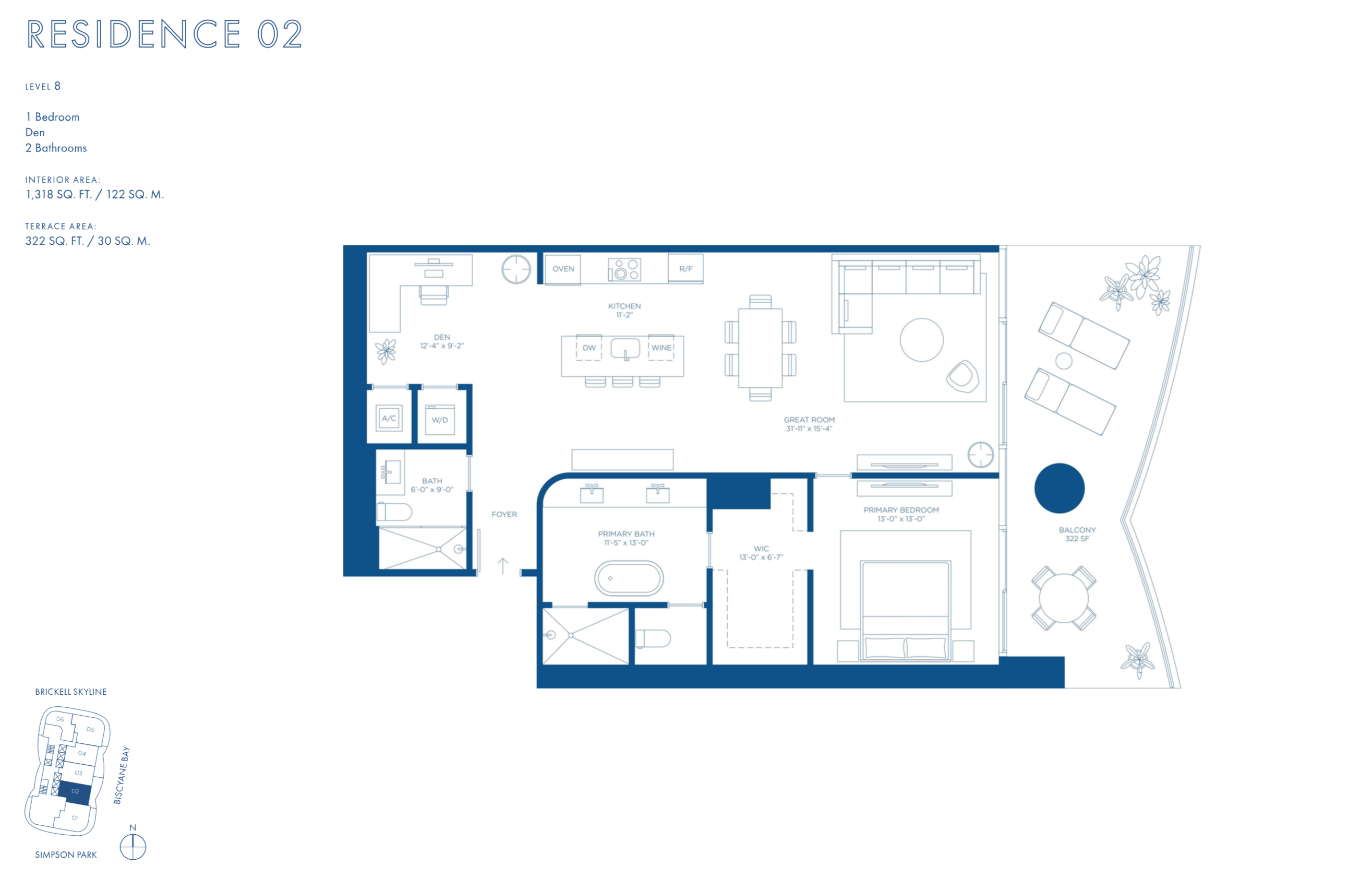 Cipriani Residences Brickell | Residence 02 | Floor 8 | 1 Be &Den /2 Ba |  1,318 SF