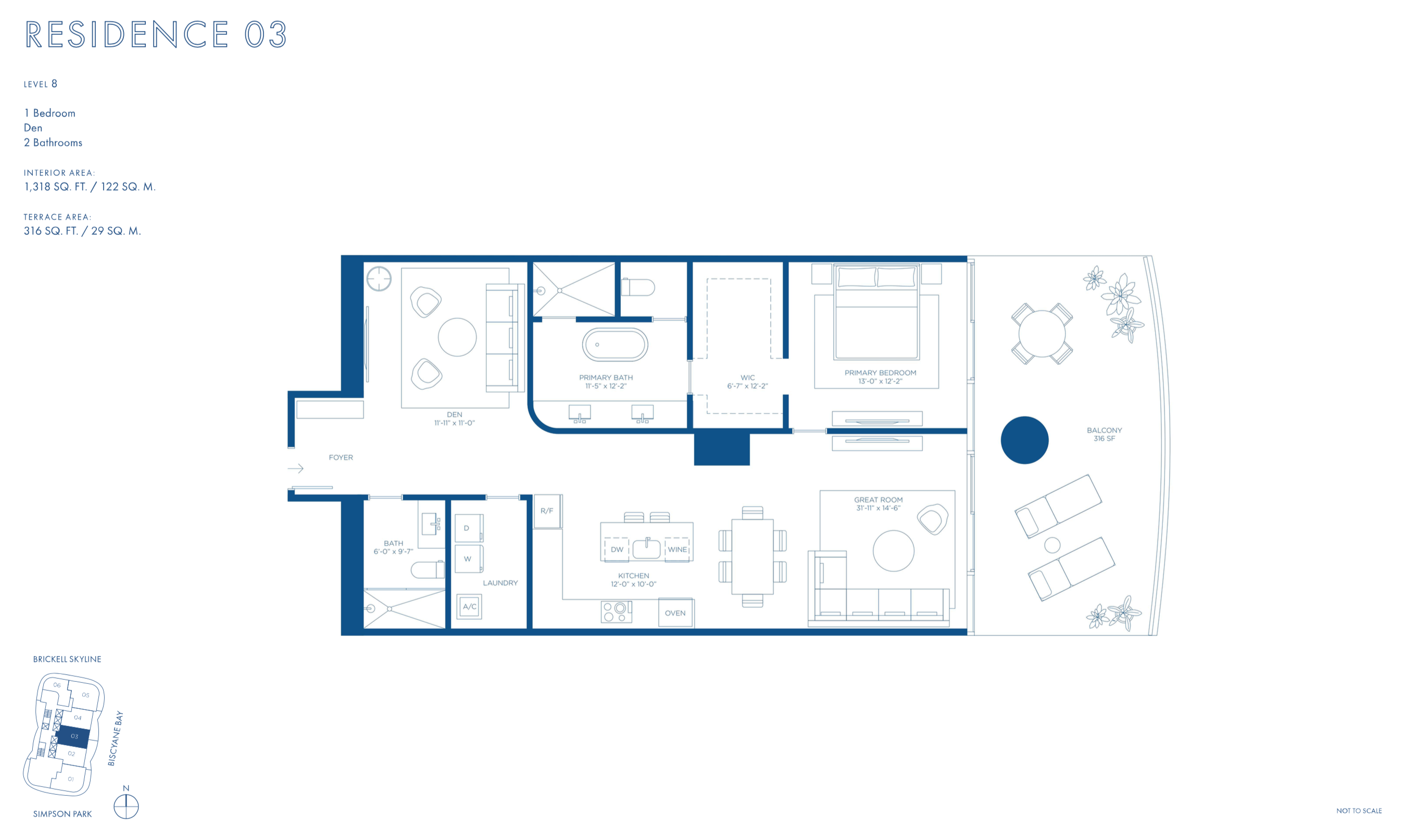 Cipriani Residences Brickell | Residence 03 | Floor 8 | 1 Be + Den/2 Ba | 1,318 SF