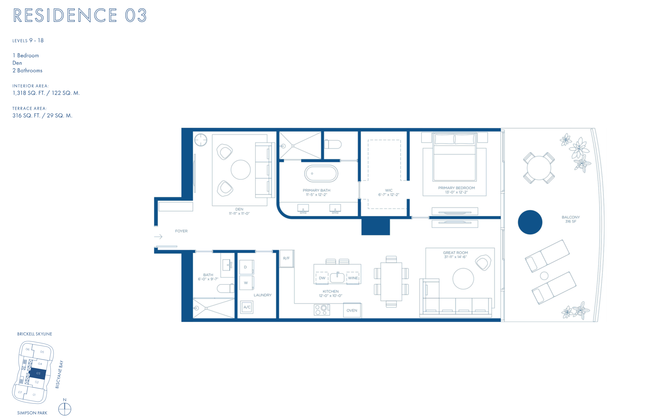 Cipriani Residences Brickell | Residence 03A | Floor 9-18 | 1 Be + Den/2 Ba | 1,318 SF