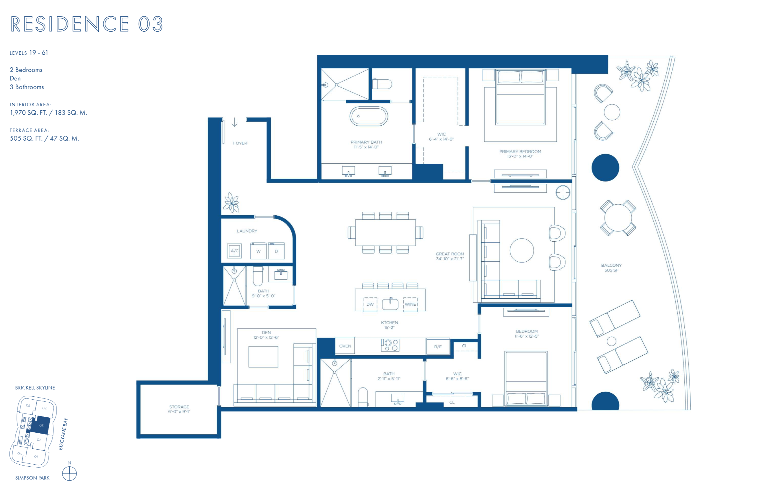 Cipriani Residences Brickell | Residence 03B | Floor 19-61 | 2 Be + Den/3 Ba | 1,970 SF