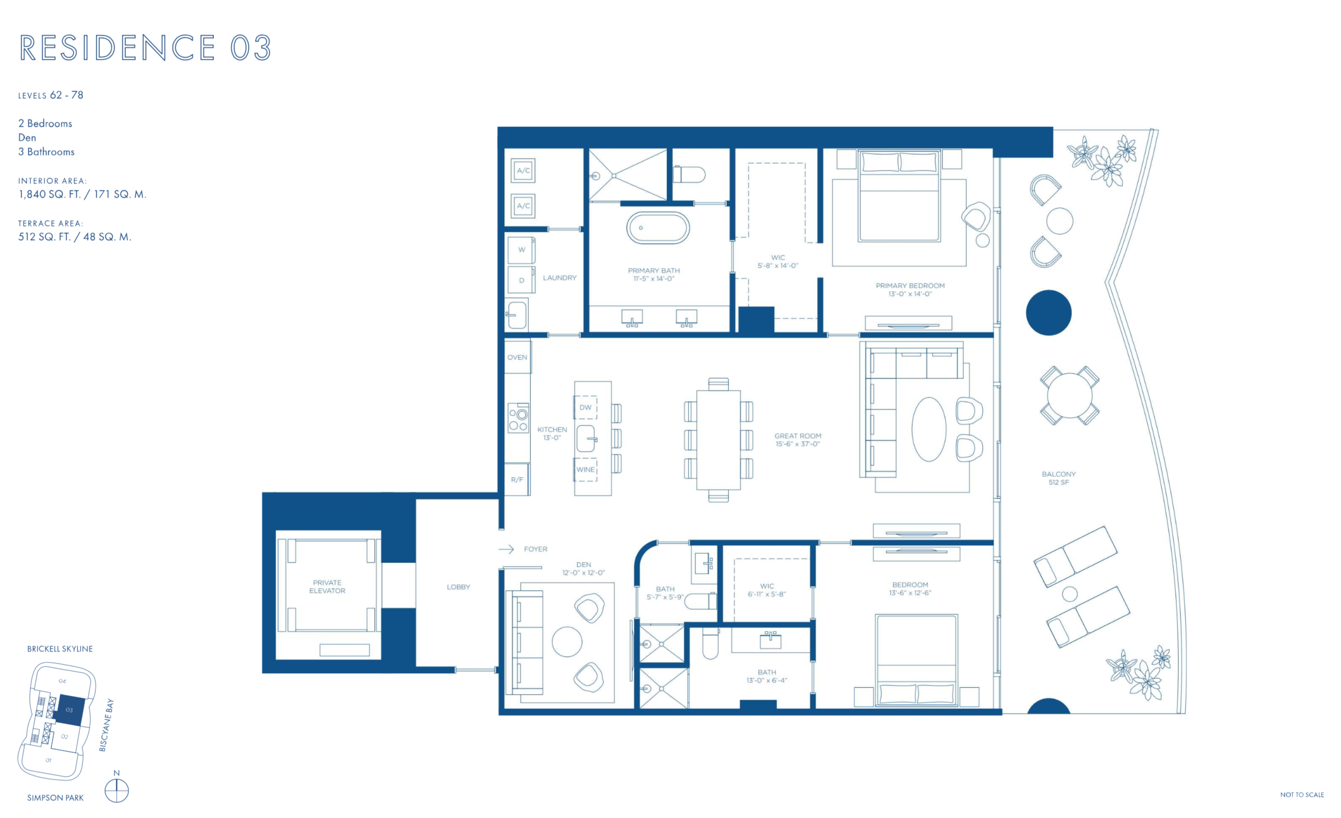 Cipriani Residences Brickell | Residence 03C | Floor 62-78 | 2 Be + Den/3 Ba | 1,840 SF