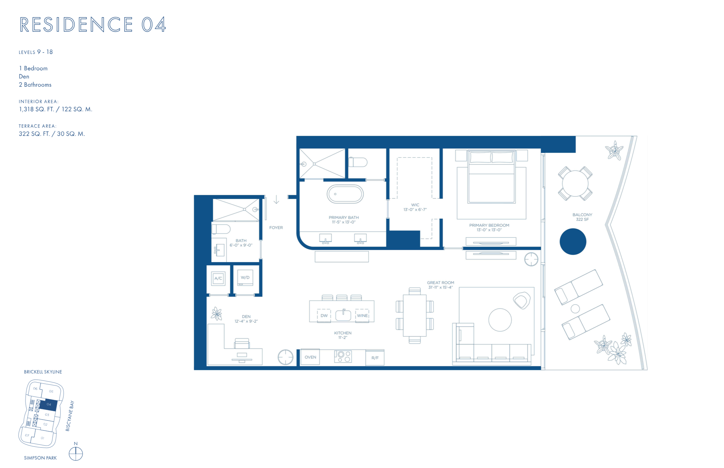 Cipriani Residences Brickell | Residence 04A | Floor 9-18  | 1 Be + Den/2 Ba | 1,318 SF