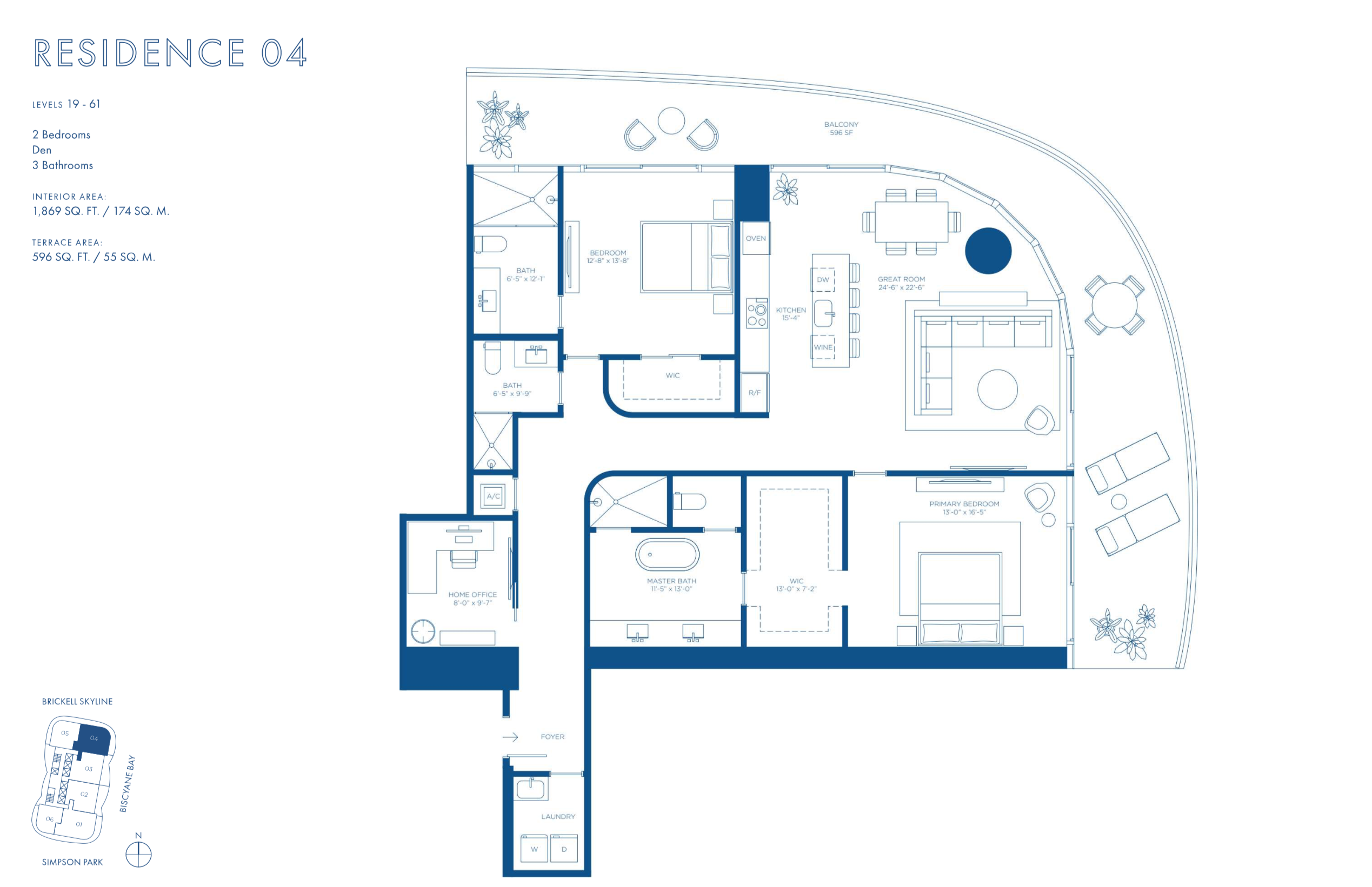 Cipriani Residences Brickell | Residence 04B | Floor 19-61  | 2 Be + Den/3 Ba | 1,869 SF