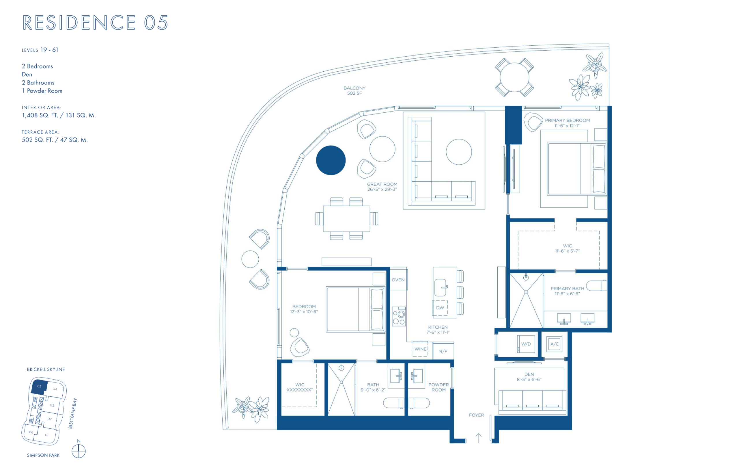 Cipriani Residences Brickell | Residence 05B | Floor 19-61 | 2 Be + Den/2.5 Ba | 1,408 SF