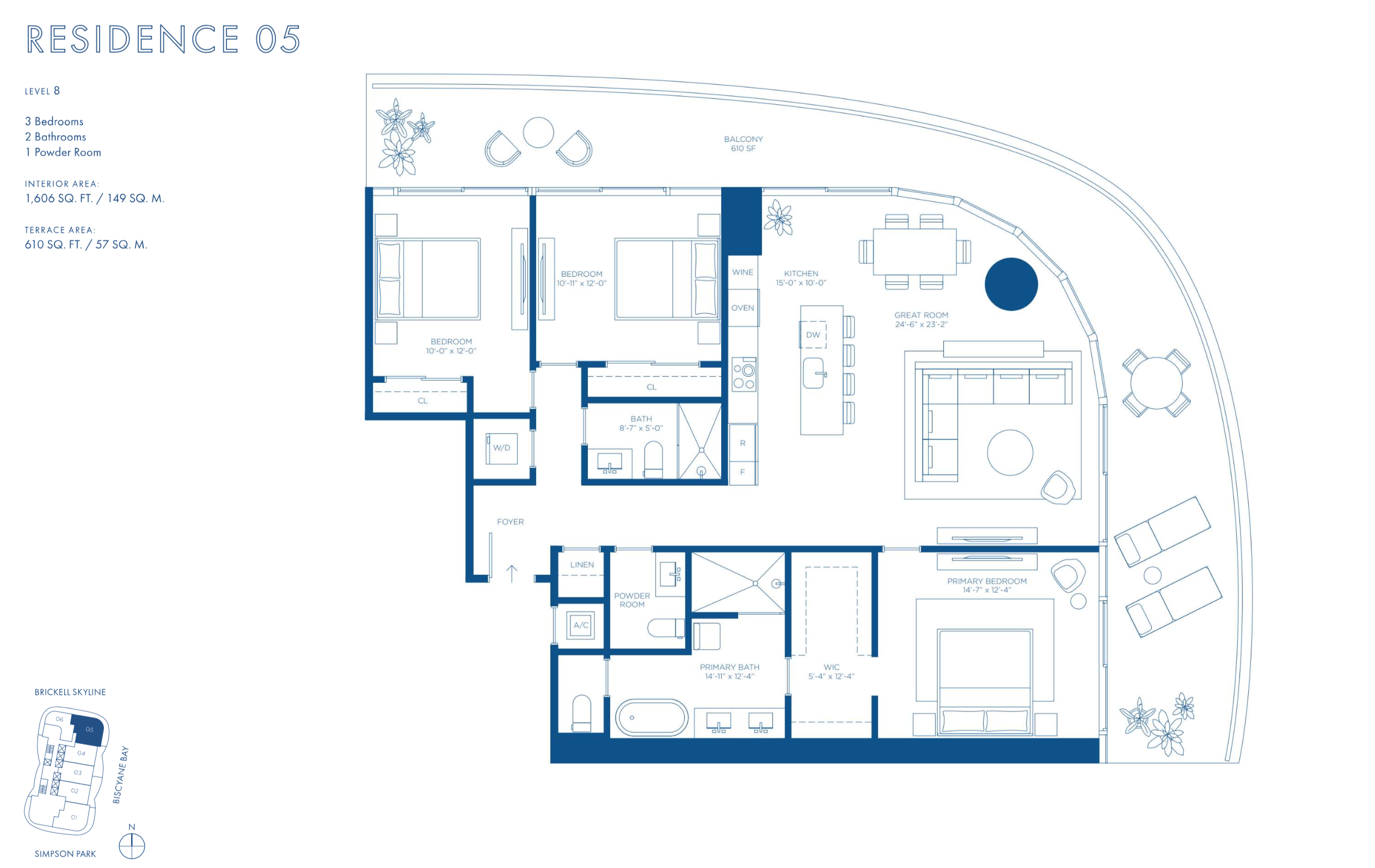 Cipriani Residences Brickell | Residence 05 | Floor 8 | 3 Be /2.5 Ba | 1,606 SF
