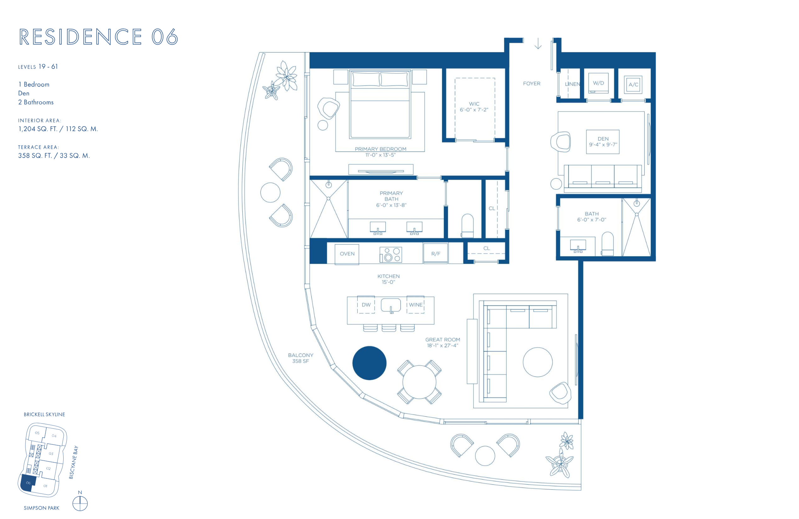 Cipriani Residences Brickell | Residence 06B | Floor19-61 | 1 Be +Den/ 2 Ba | 1,204 SF