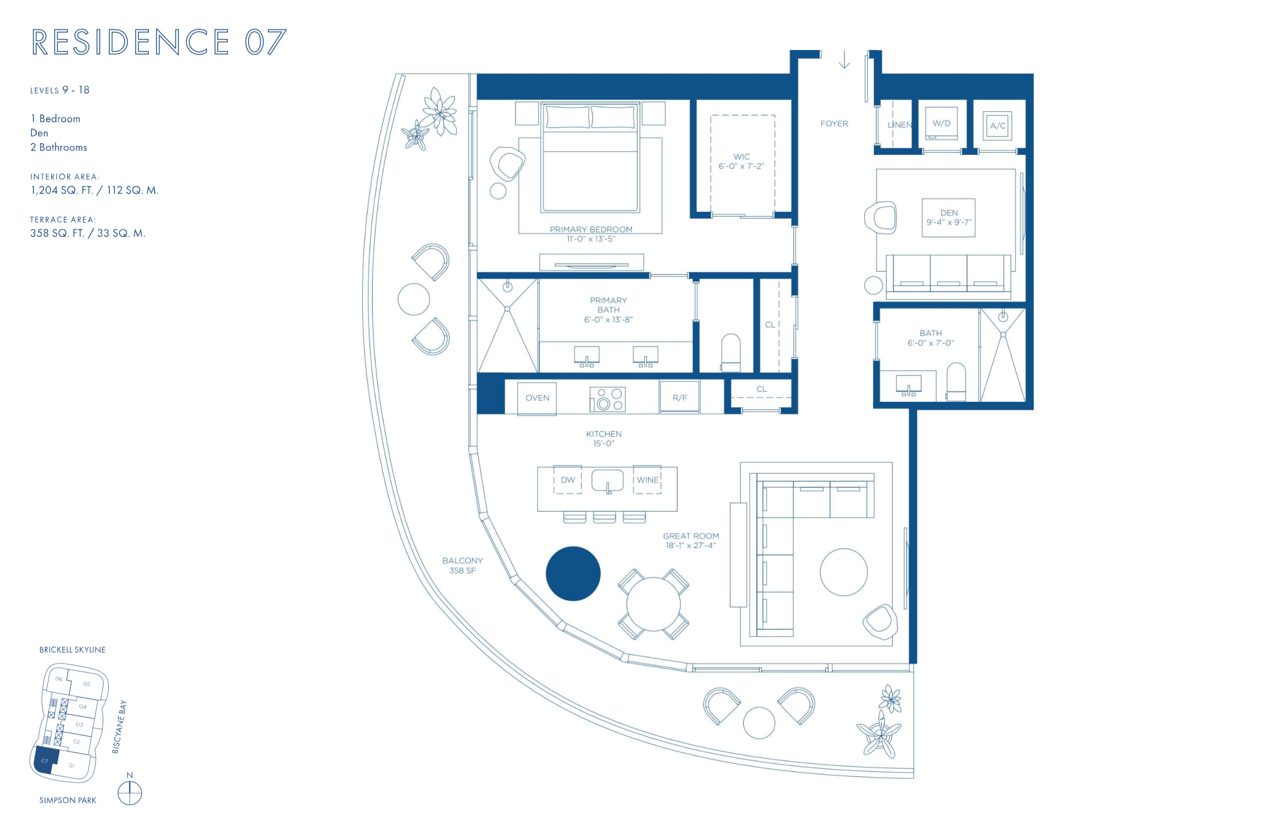 Cipriani Residences Brickell | Residence 07A | Floor 9-18 | 1 Be +Den/ 2 Ba | 1,204 SF