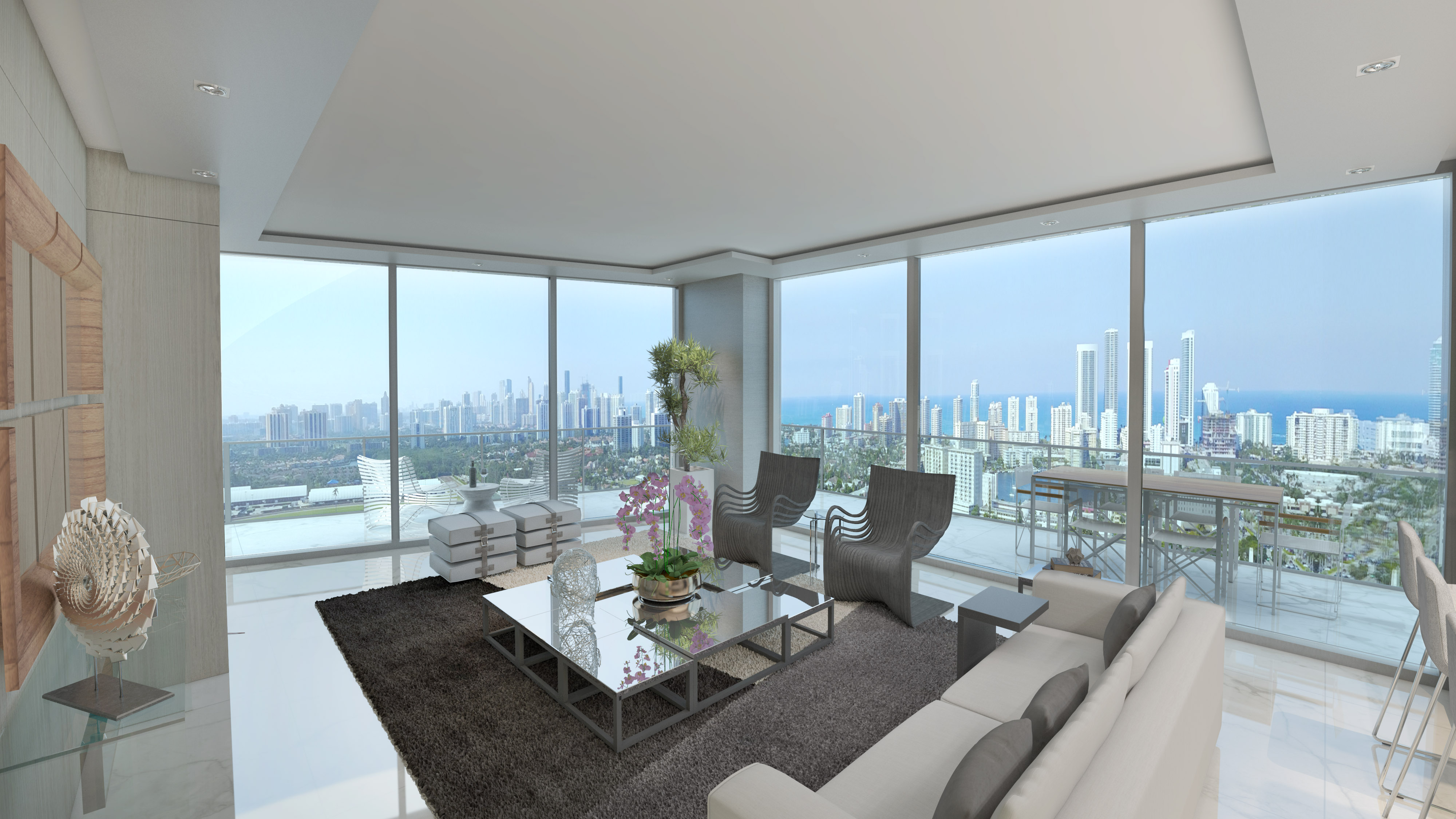 Luxury living room at Oasis Hallandale Beach Mixed-Use Residences featuring imported Italian tile and floor-to-ceiling windows