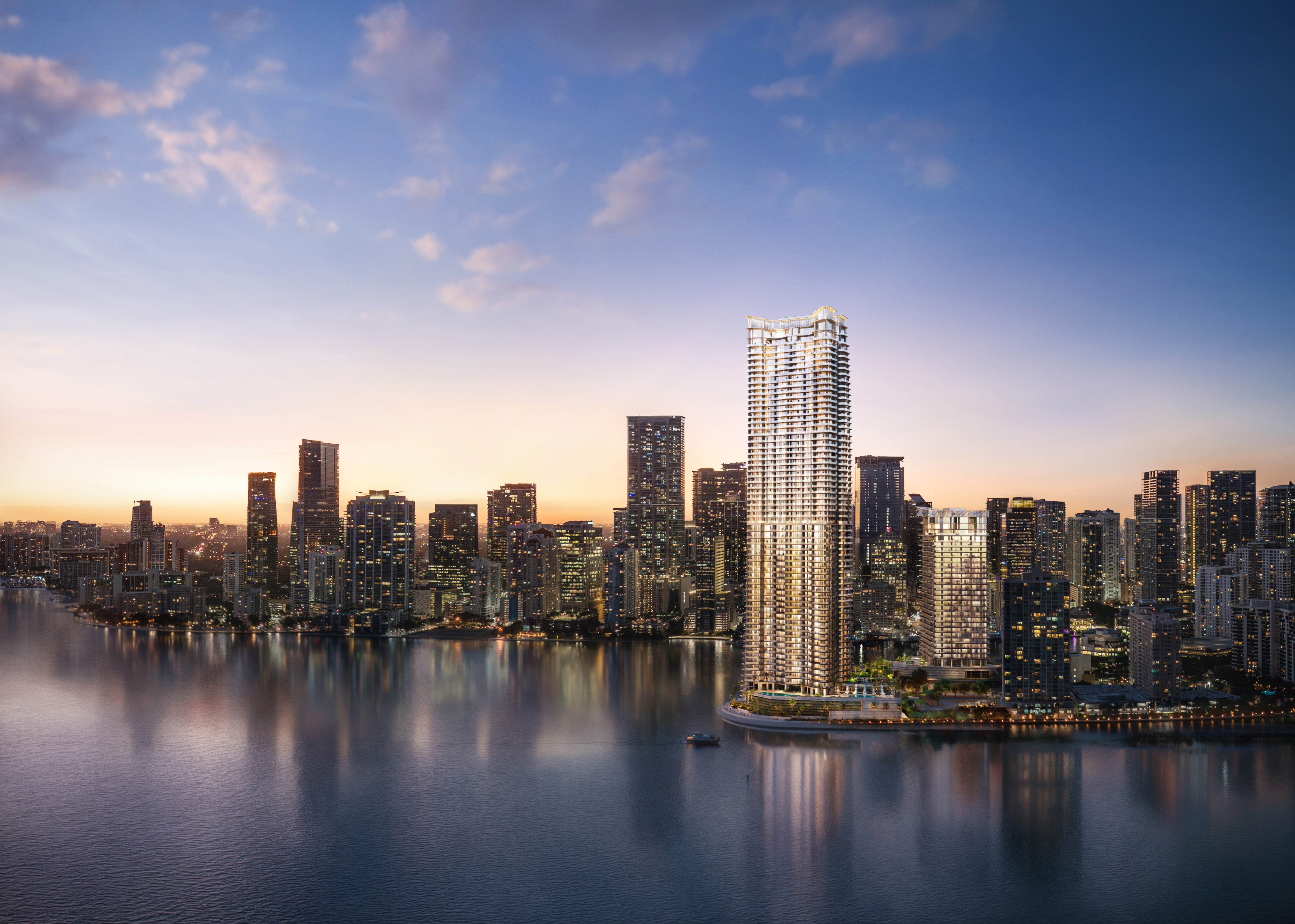 The skyline-defining 66-story tower of Mandarin Oriental Brickell Key luxury condos