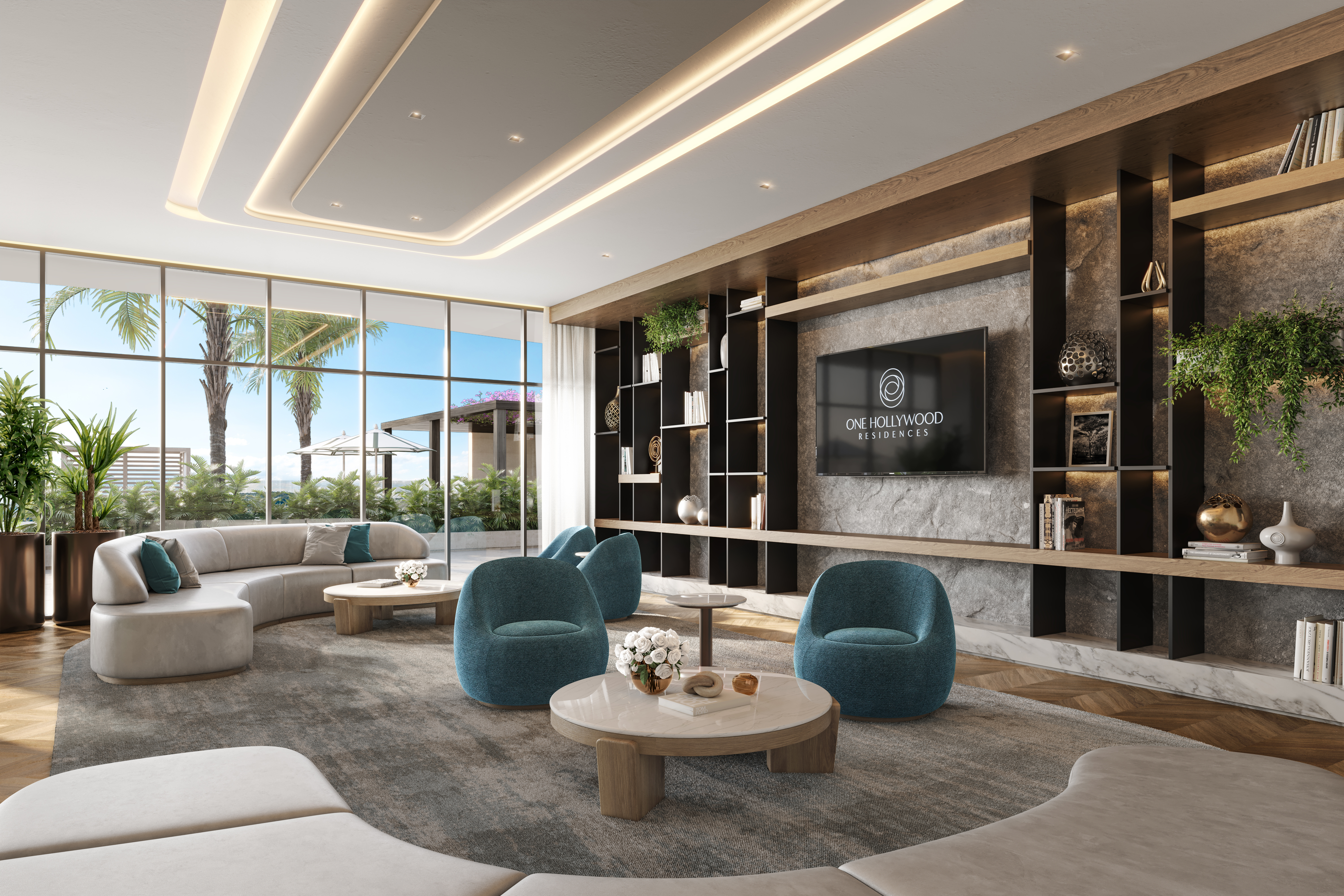 Architectural rendering of the One Hollywood Residences Downtown Luxury Condos tower featuring wrap-around balconies and a grand porte-cochère