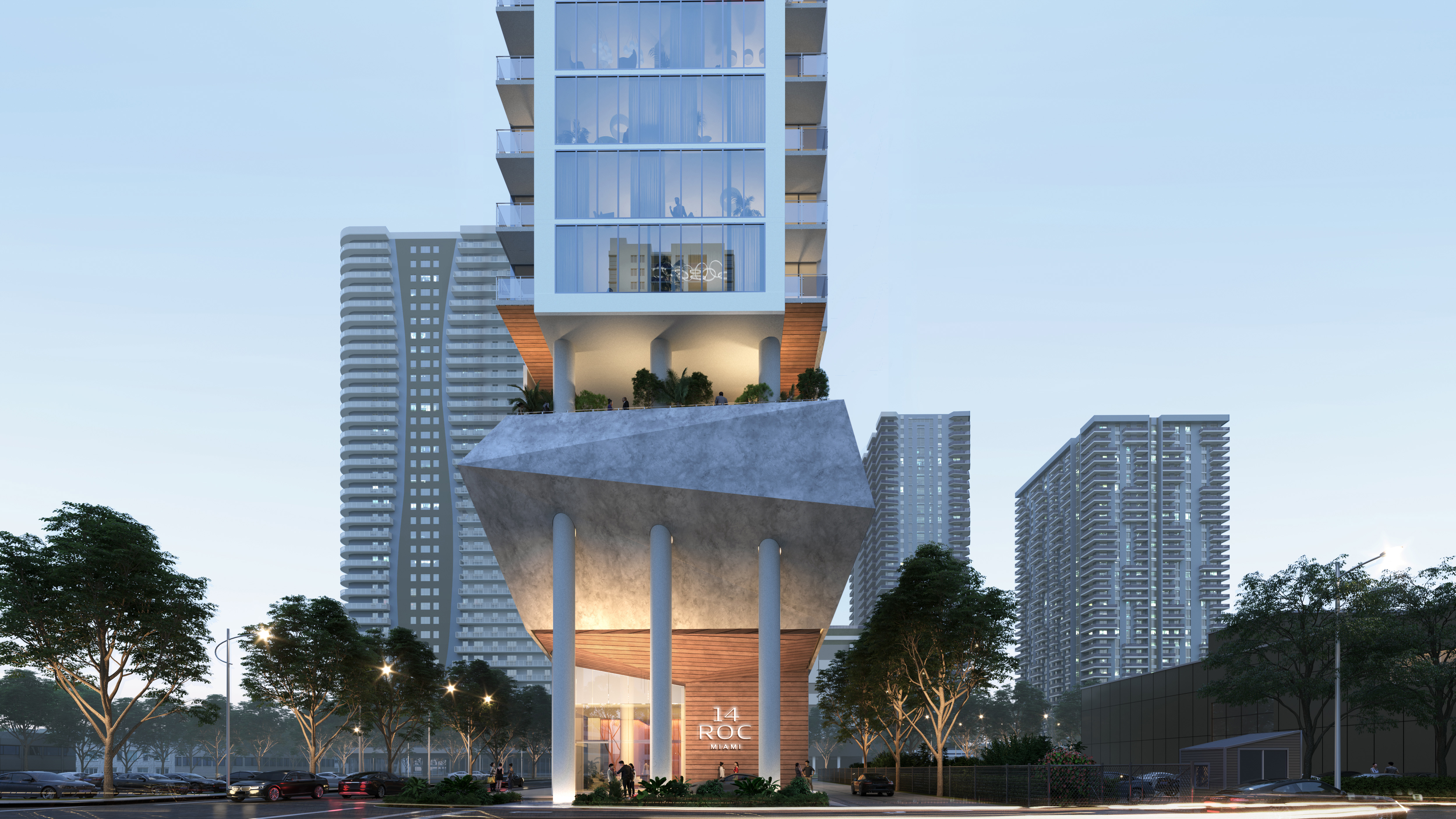 Architectural rendering of the organic rock-inspired base and modern tower at 14 ROC Downtown Miami